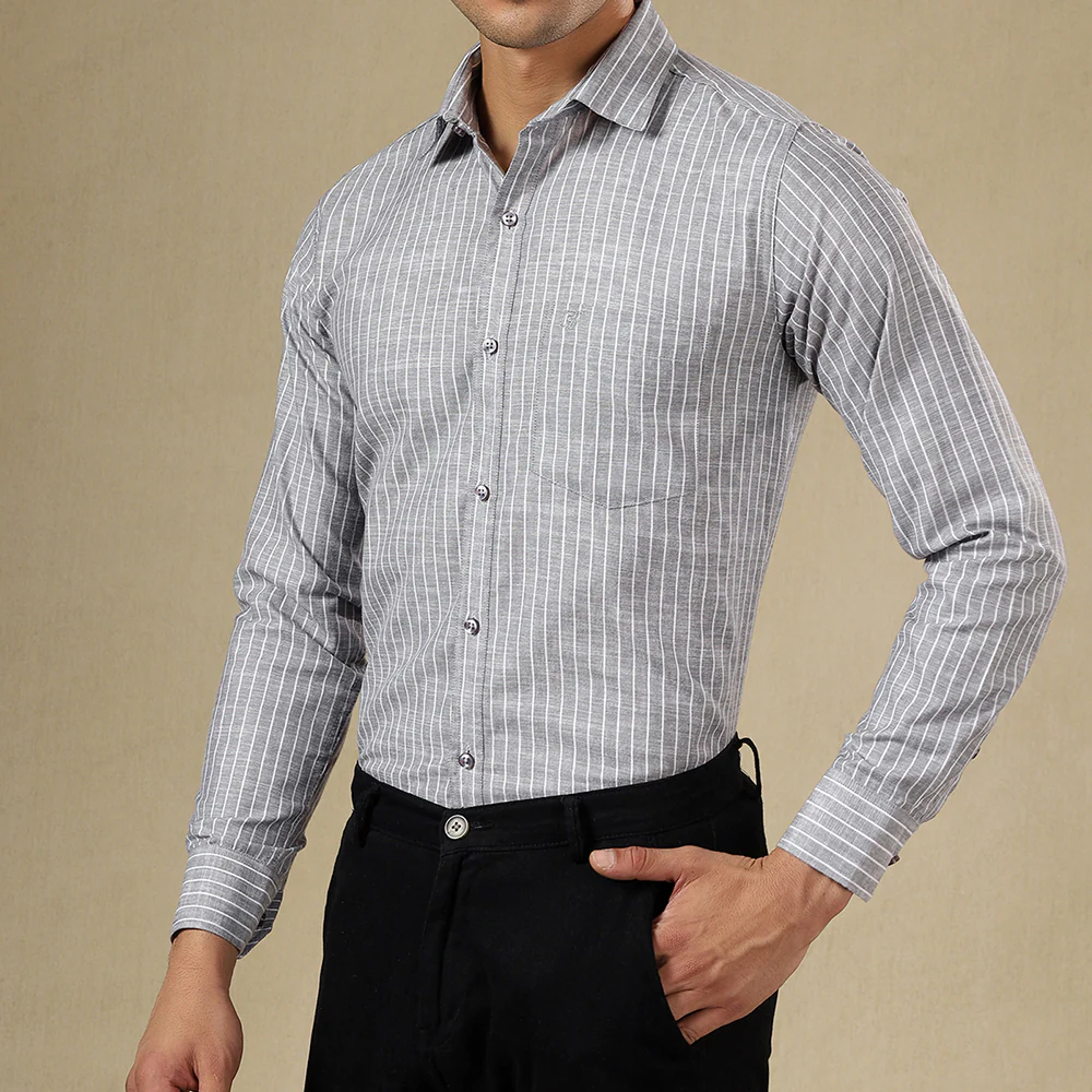 STRIPED LINEN SHIRT | SINGLE POCKET STRIPE SHIRT FOR MEN-GREY