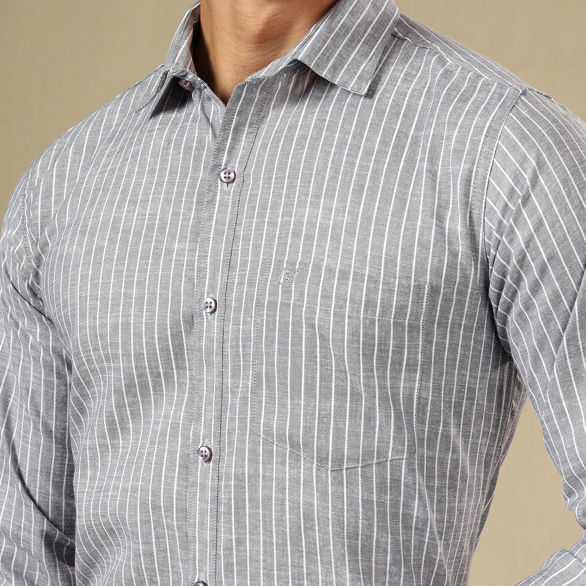STRIPED LINEN SHIRT | SINGLE POCKET STRIPE SHIRT FOR MEN-GREY - Image 2