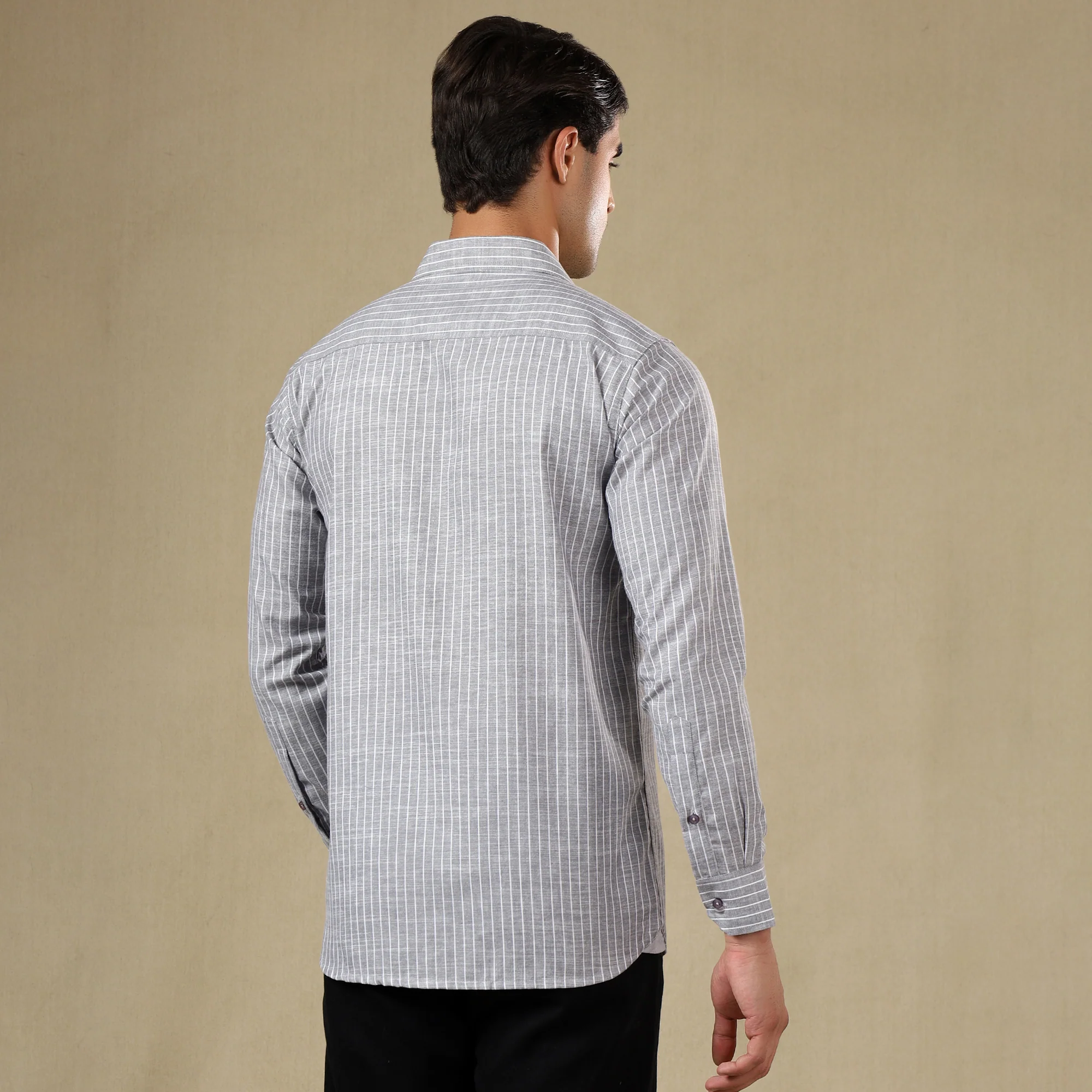 STRIPED LINEN SHIRT | SINGLE POCKET STRIPE SHIRT FOR MEN-GREY - Image 3