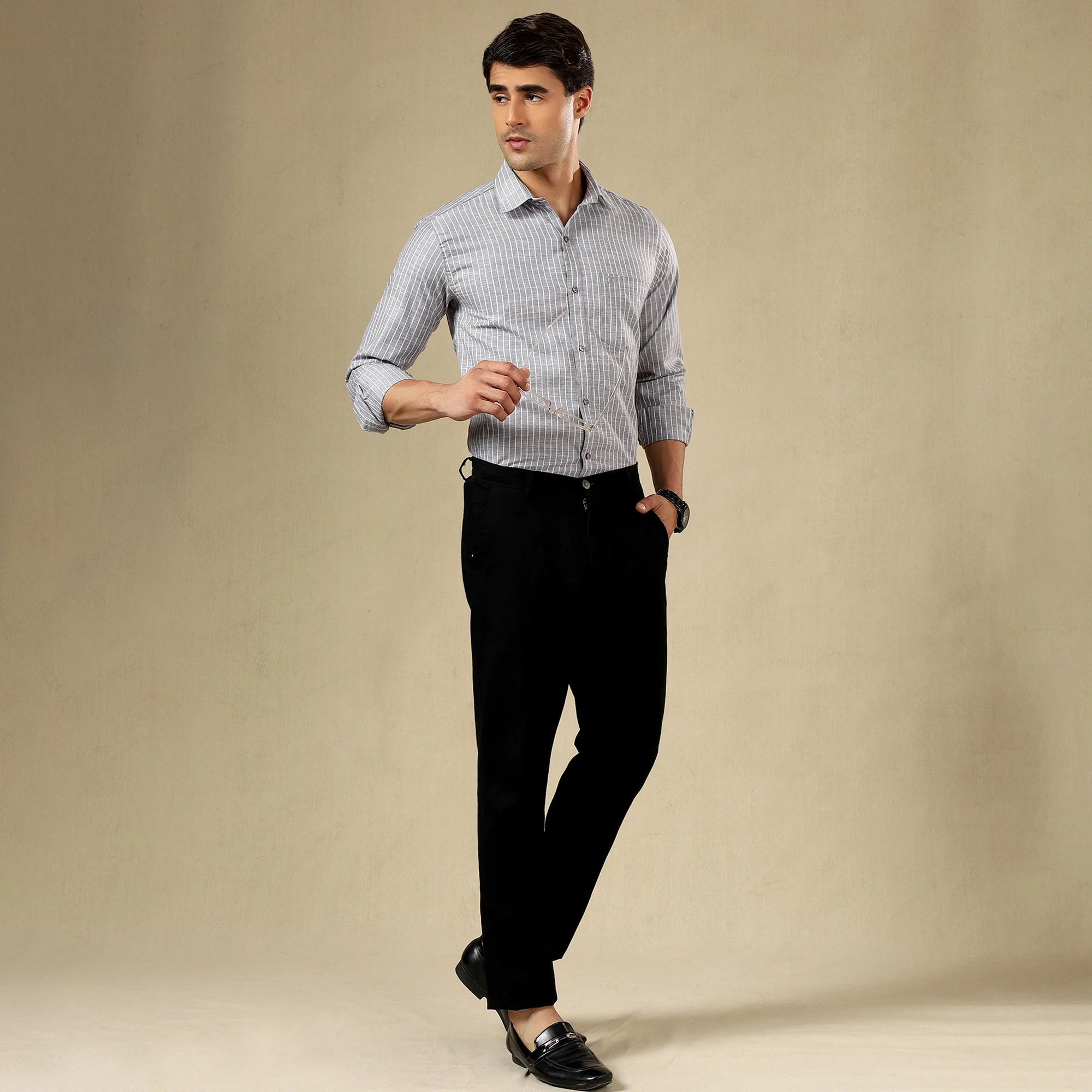 STRIPED LINEN SHIRT | SINGLE POCKET STRIPE SHIRT FOR MEN-GREY - Image 4