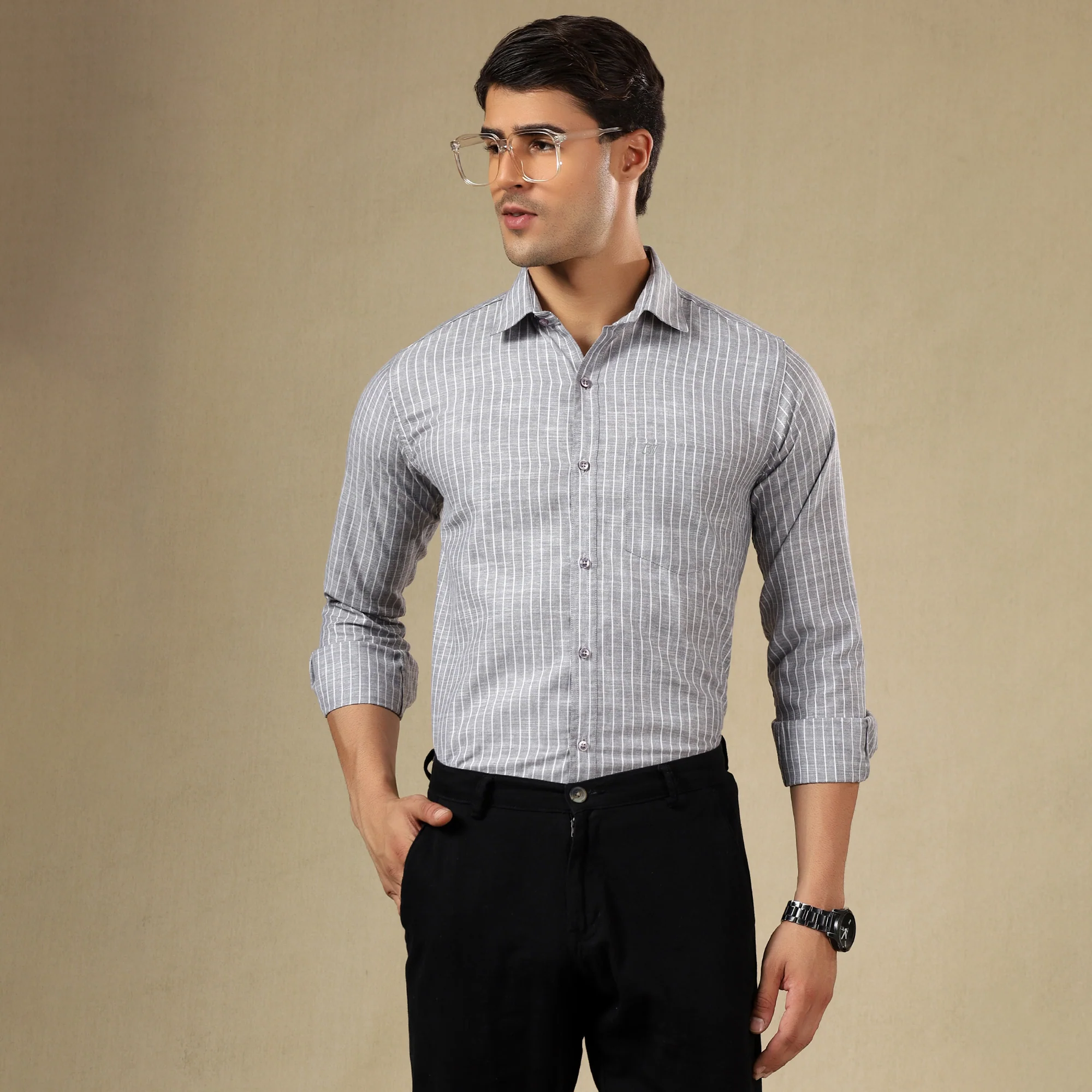 STRIPED LINEN SHIRT | SINGLE POCKET STRIPE SHIRT FOR MEN-GREY - Image 5