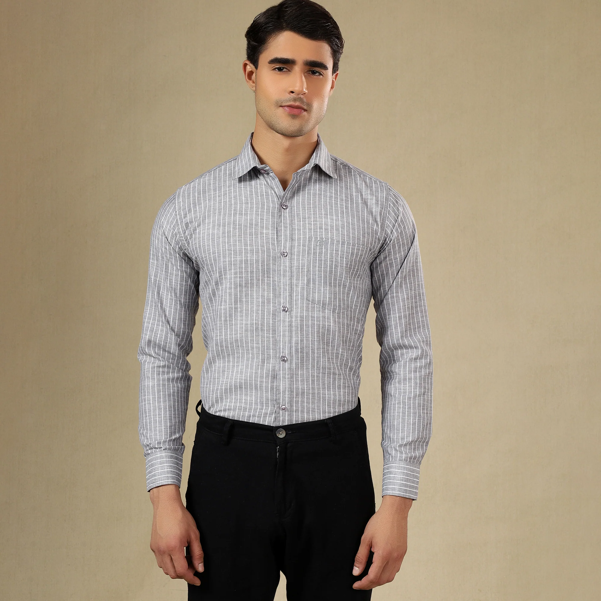 STRIPED LINEN SHIRT | SINGLE POCKET STRIPE SHIRT FOR MEN-GREY - Image 8