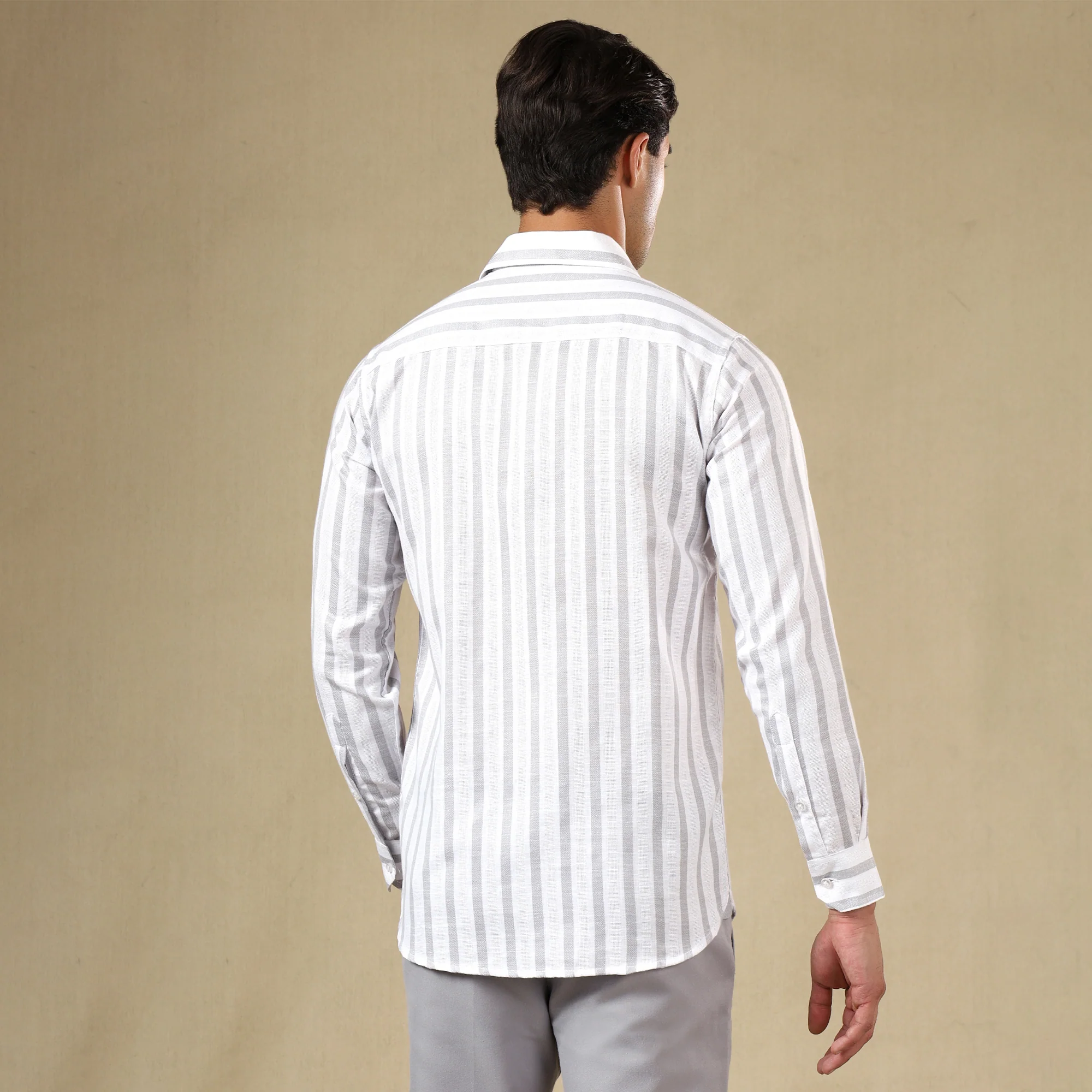 STRIPED LINEN SHIRT | SINGLE POCKET STRIPE SHIRT FOR MEN-Grey - Image 3