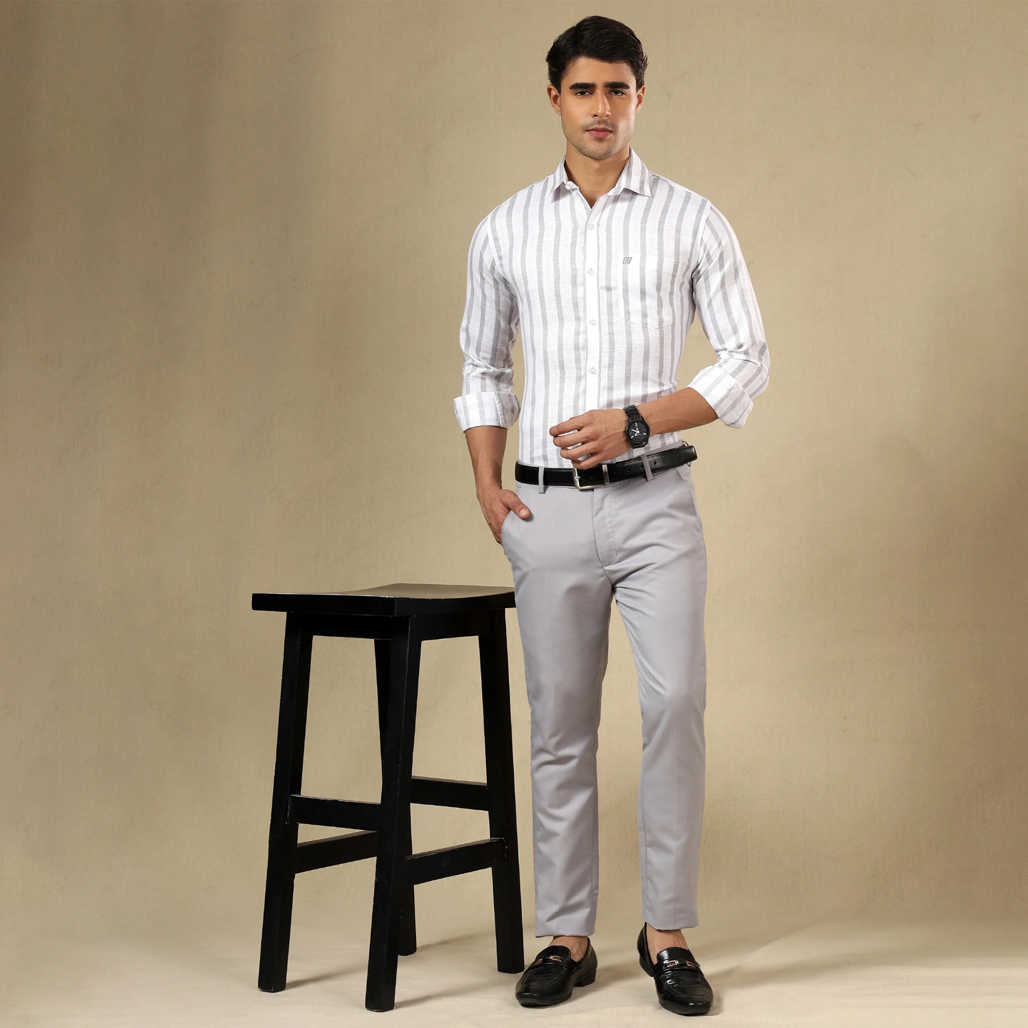STRIPED LINEN SHIRT | SINGLE POCKET STRIPE SHIRT FOR MEN-Grey - Image 4