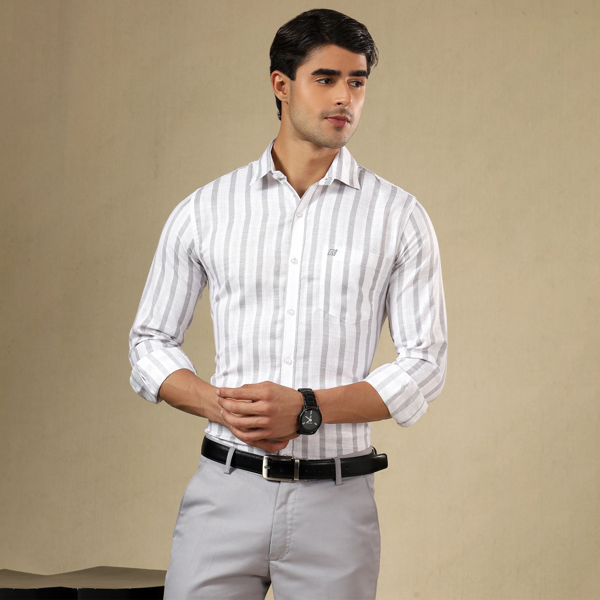 STRIPED LINEN SHIRT | SINGLE POCKET STRIPE SHIRT FOR MEN-Grey - Image 5
