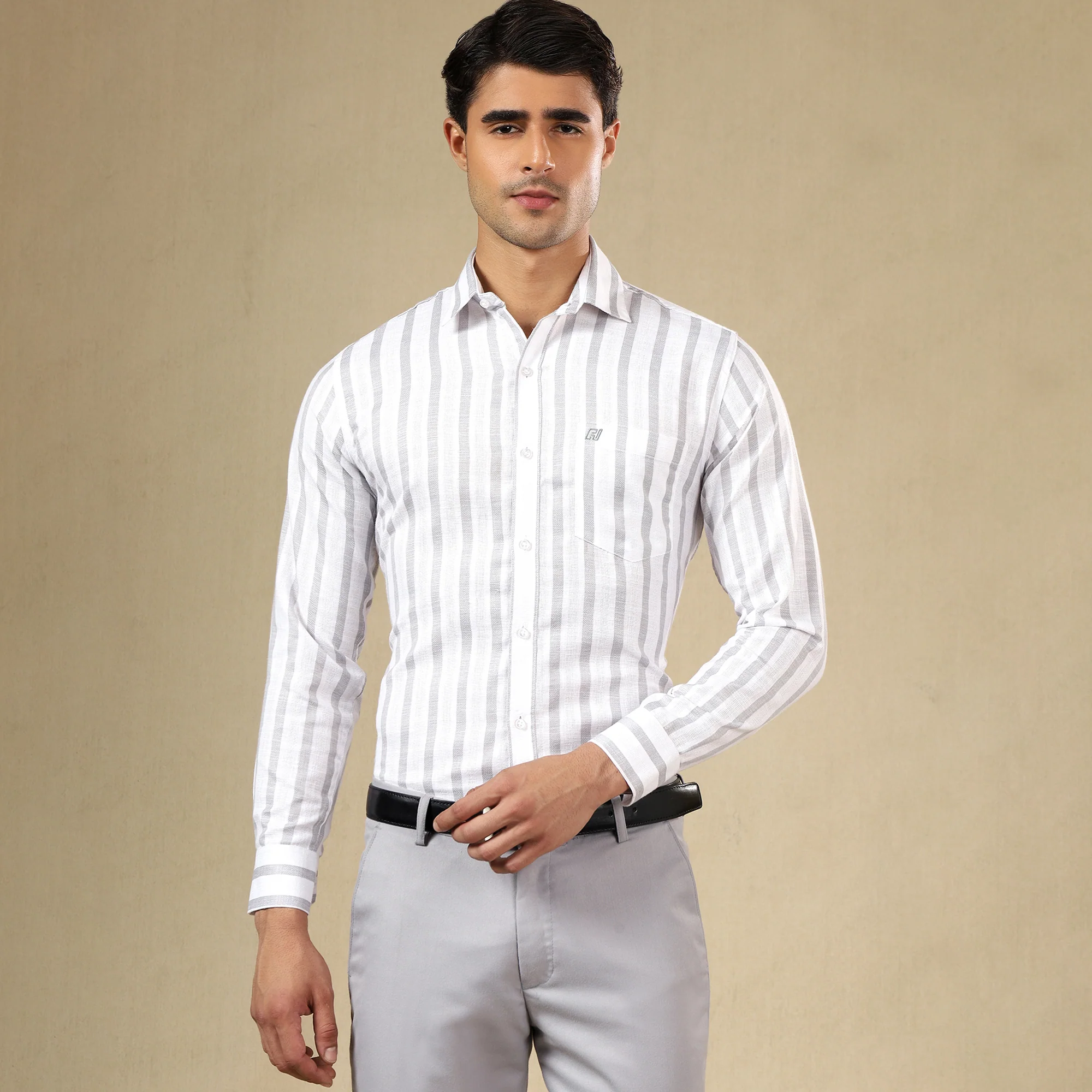 STRIPED LINEN SHIRT | SINGLE POCKET STRIPE SHIRT FOR MEN-Grey - Image 7