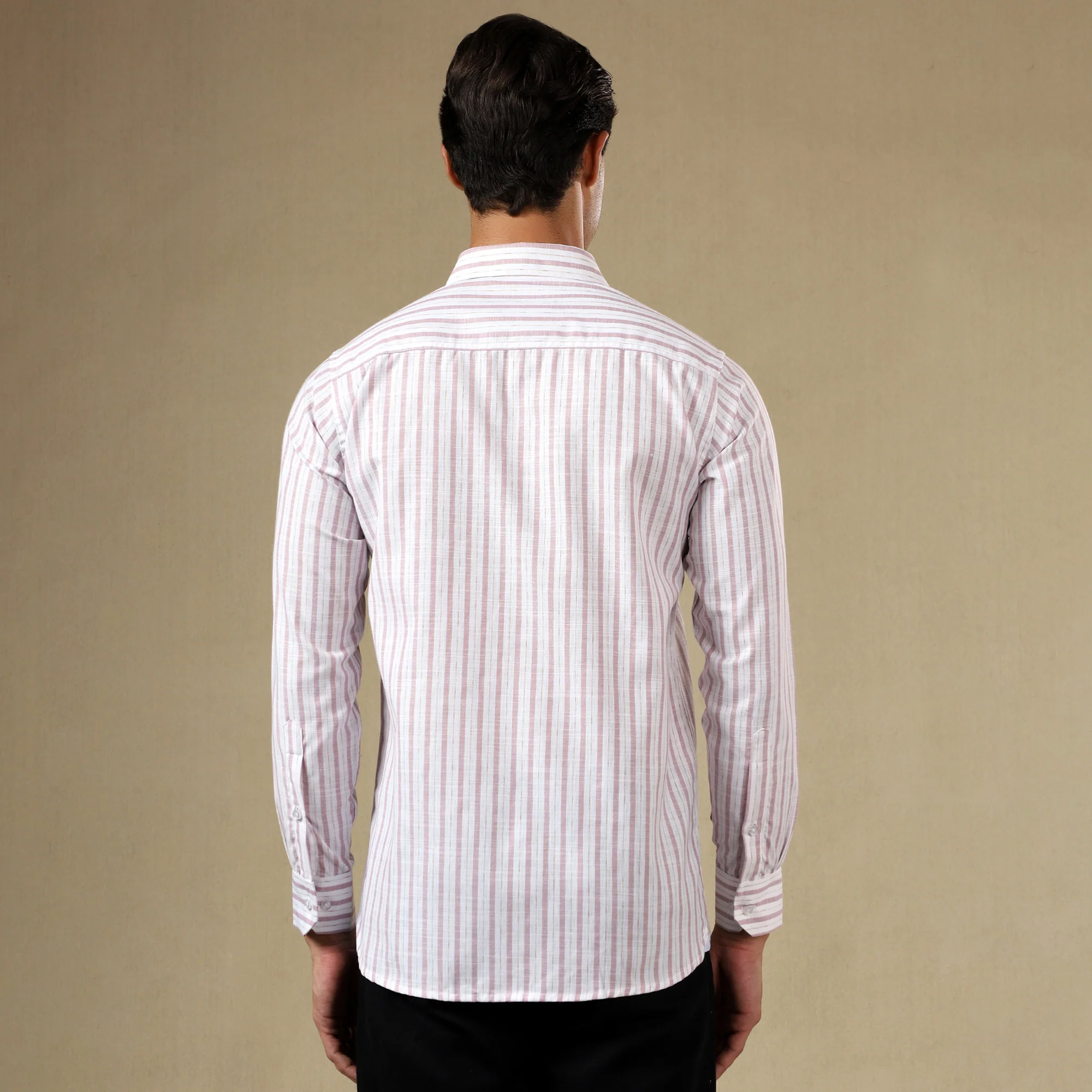 STRIPED LINEN SHIRT | SINGLE POCKET STRIPE SHIRT FOR MEN-Pink - Image 3