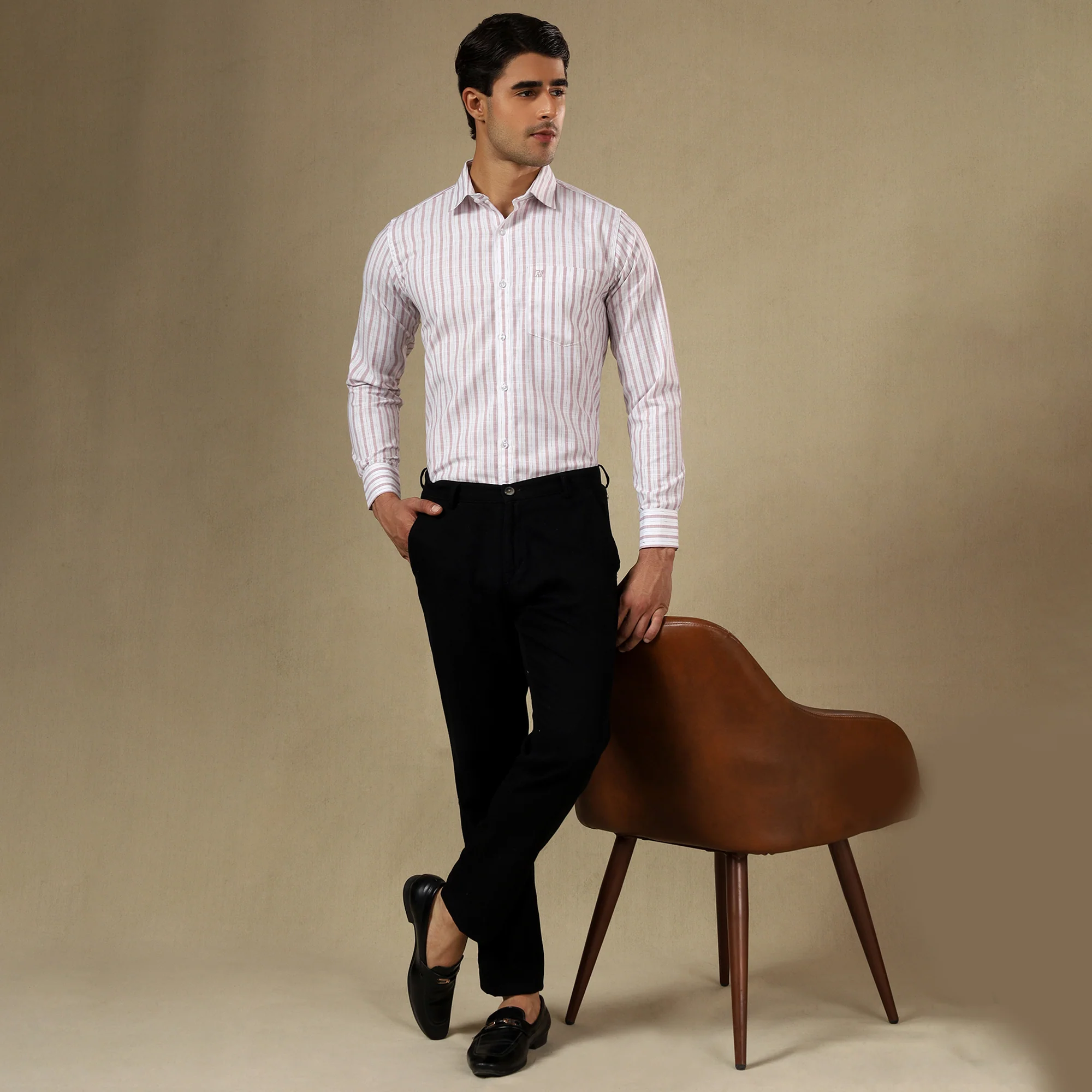 STRIPED LINEN SHIRT | SINGLE POCKET STRIPE SHIRT FOR MEN-Pink - Image 4