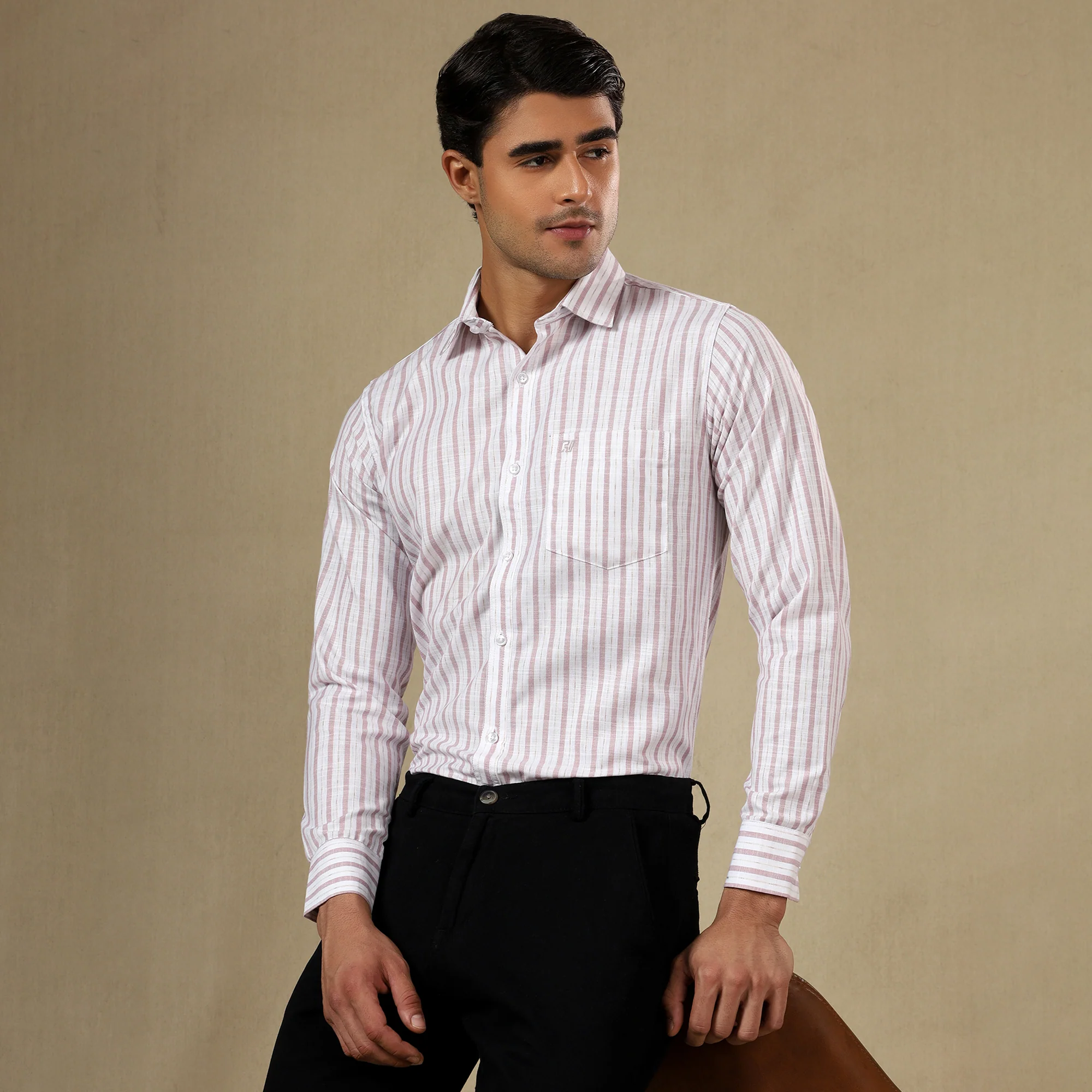 STRIPED LINEN SHIRT | SINGLE POCKET STRIPE SHIRT FOR MEN-Pink - Image 5