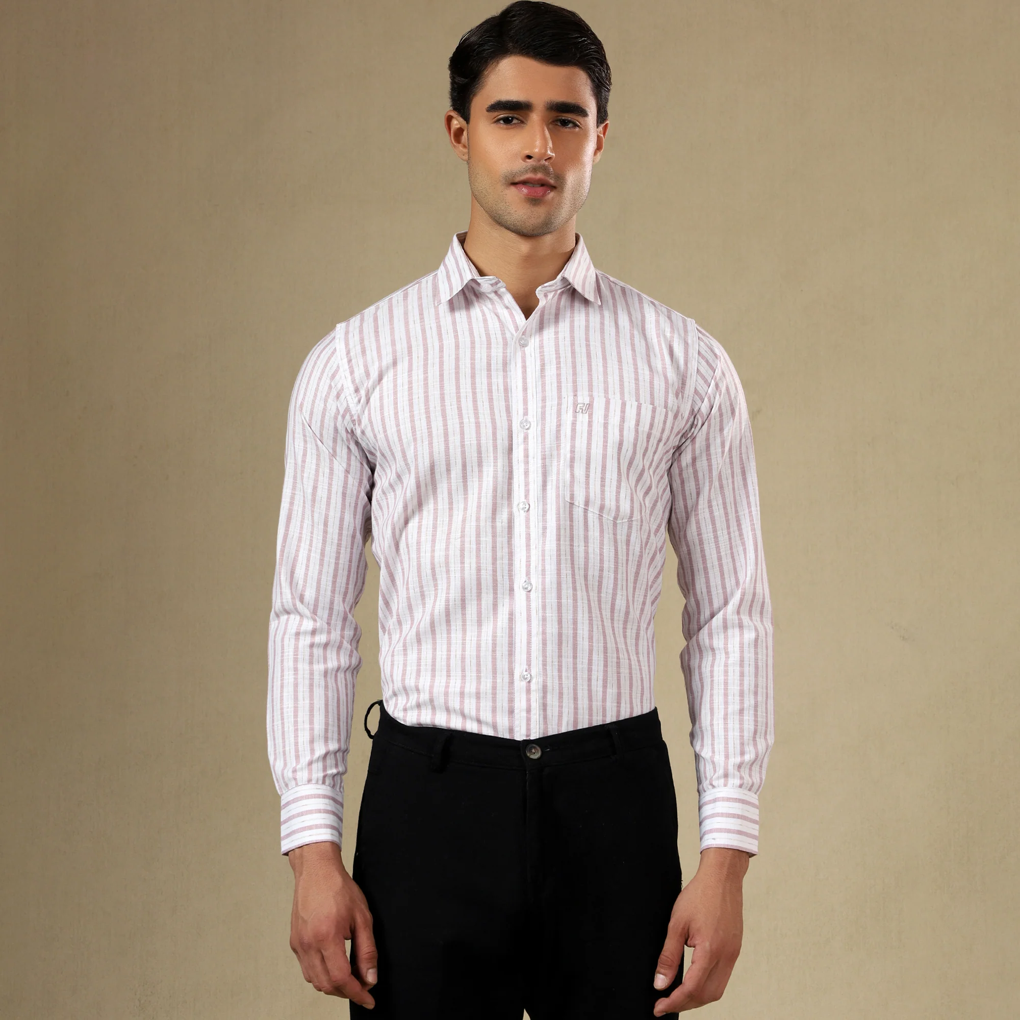 STRIPED LINEN SHIRT | SINGLE POCKET STRIPE SHIRT FOR MEN-Pink - Image 6