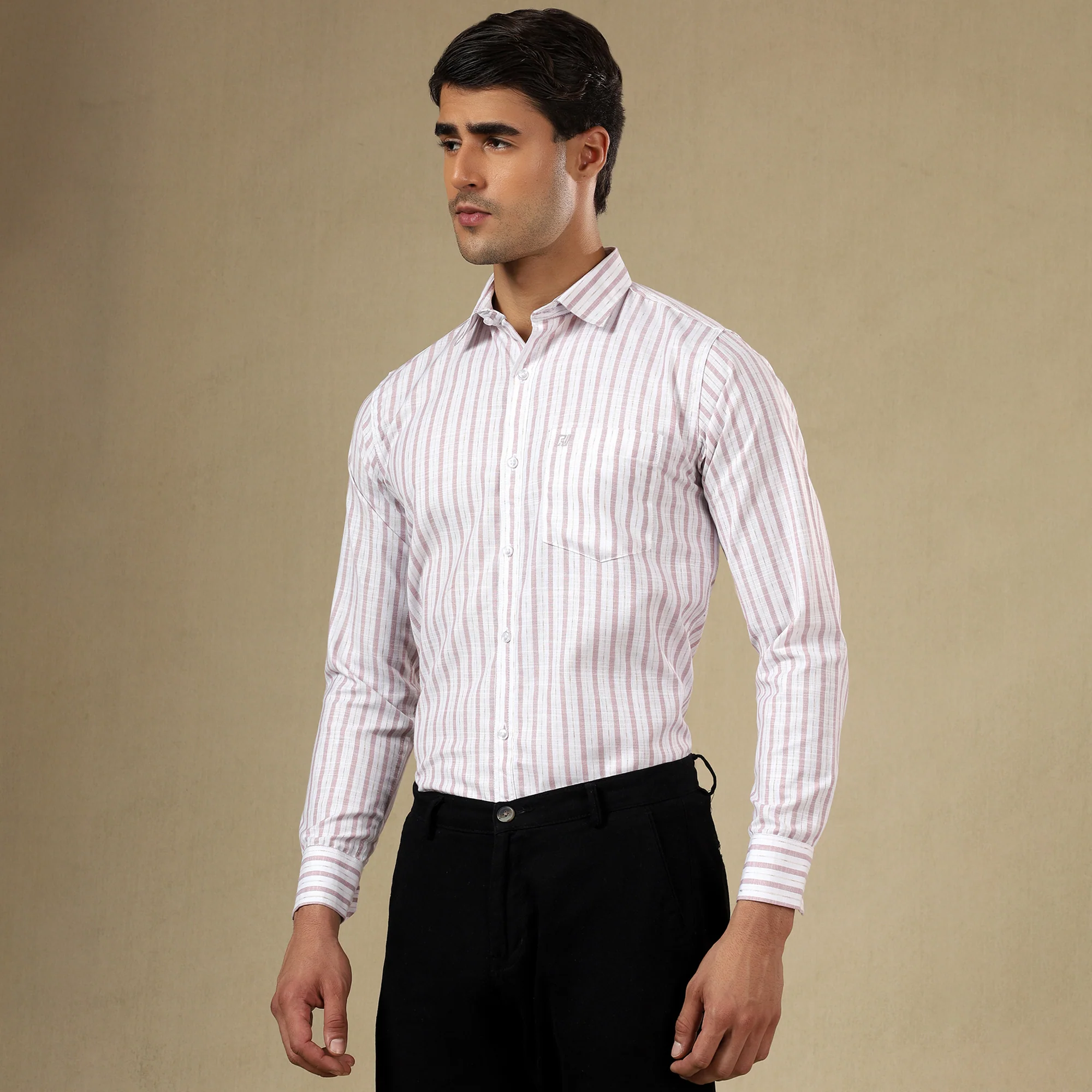 STRIPED LINEN SHIRT | SINGLE POCKET STRIPE SHIRT FOR MEN-Pink - Image 7