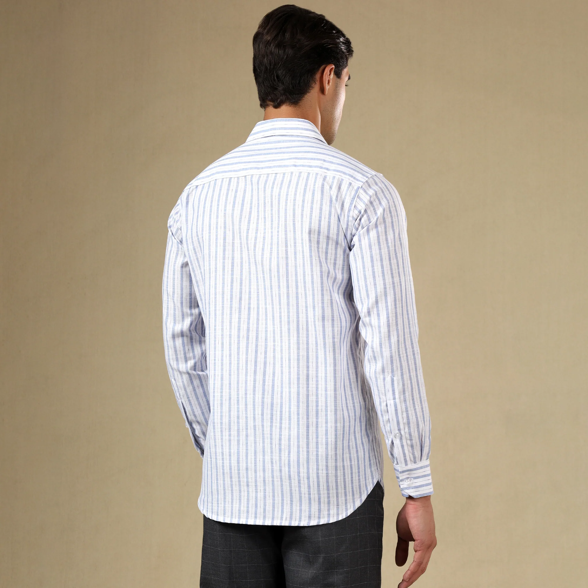 STRIPED LINEN SHIRT | SINGLE POCKET STRIPE SHIRT FOR MEN-Sky Blue - Image 3