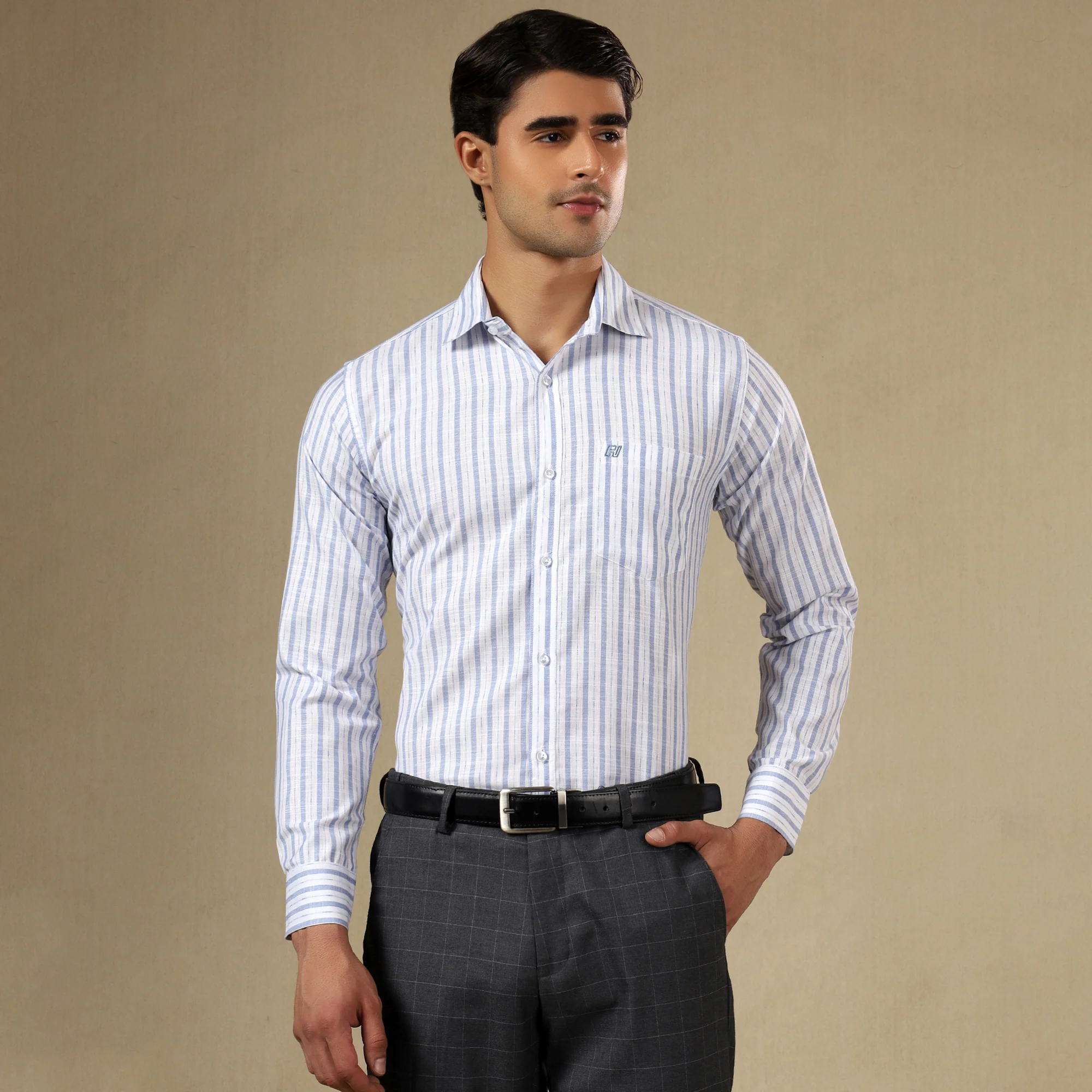 STRIPED LINEN SHIRT | SINGLE POCKET STRIPE SHIRT FOR MEN-Sky Blue - Image 7