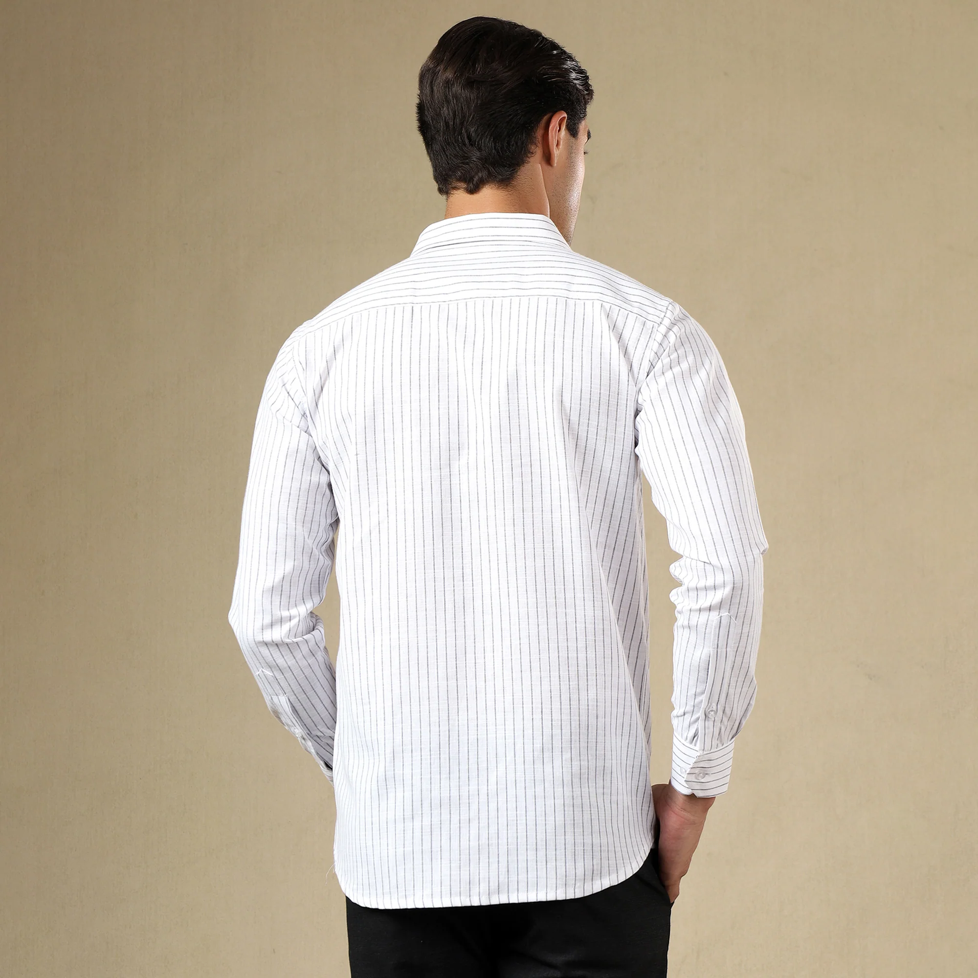 STRIPED LINEN SHIRT | SINGLE POCKET STRIPE SHIRT FOR MEN-White - Image 3