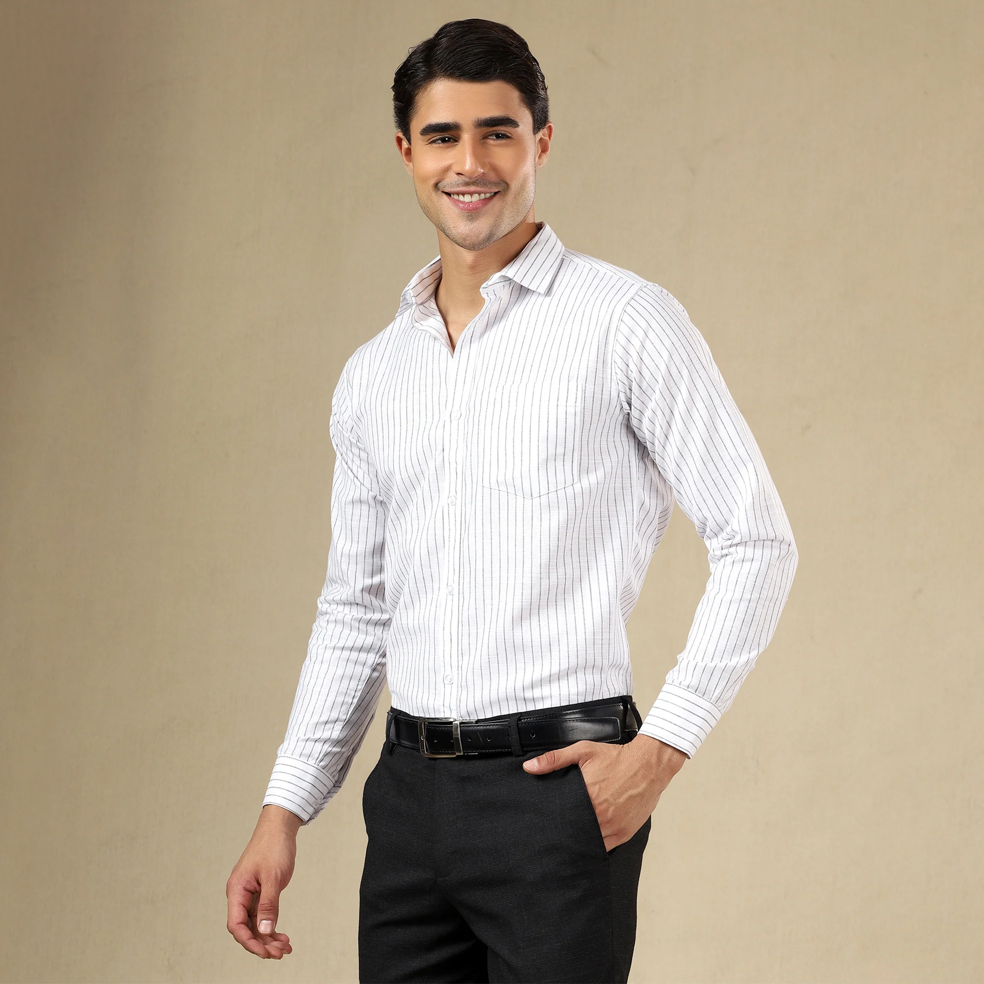 STRIPED LINEN SHIRT | SINGLE POCKET STRIPE SHIRT FOR MEN-White - Image 5