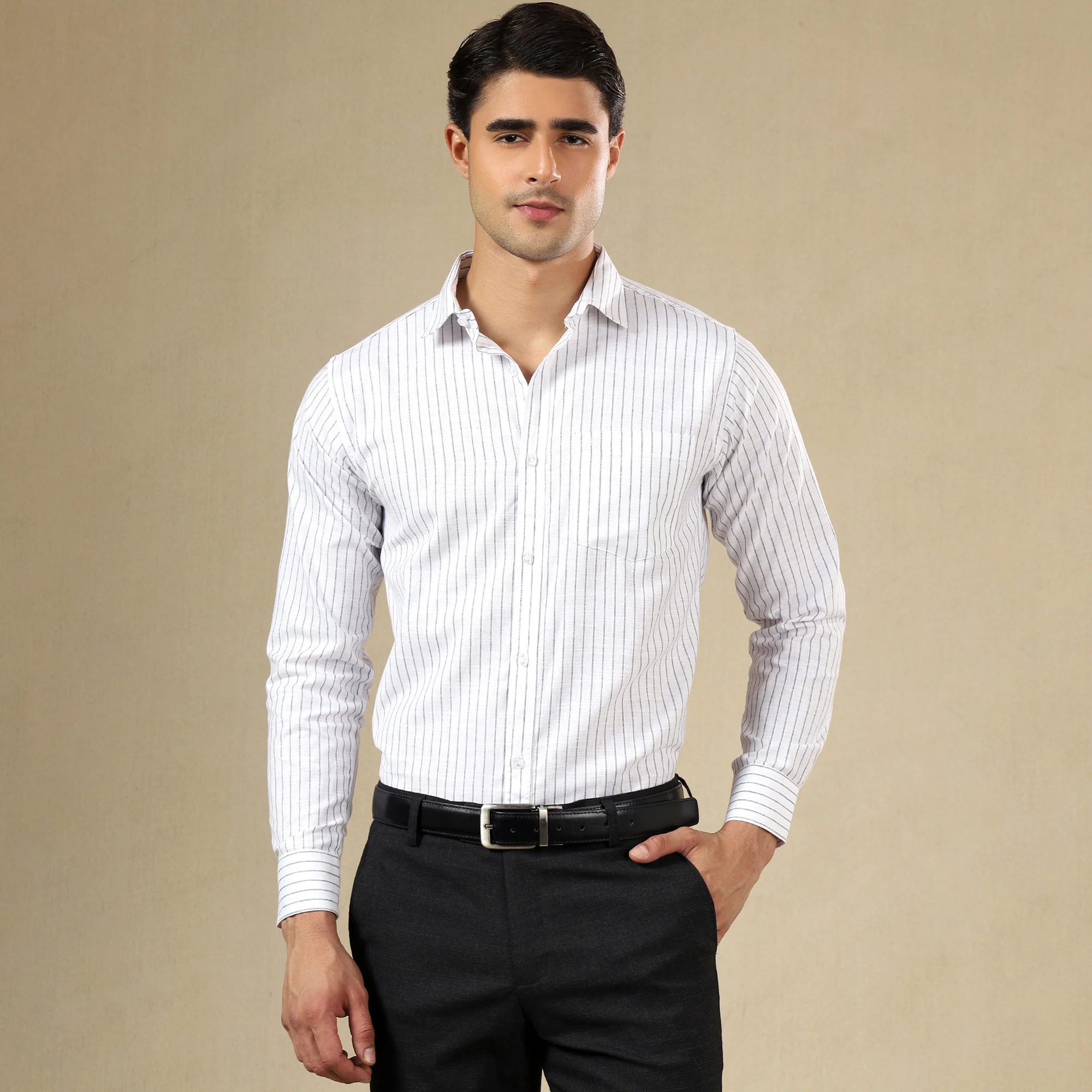 STRIPED LINEN SHIRT | SINGLE POCKET STRIPE SHIRT FOR MEN-White - Image 7