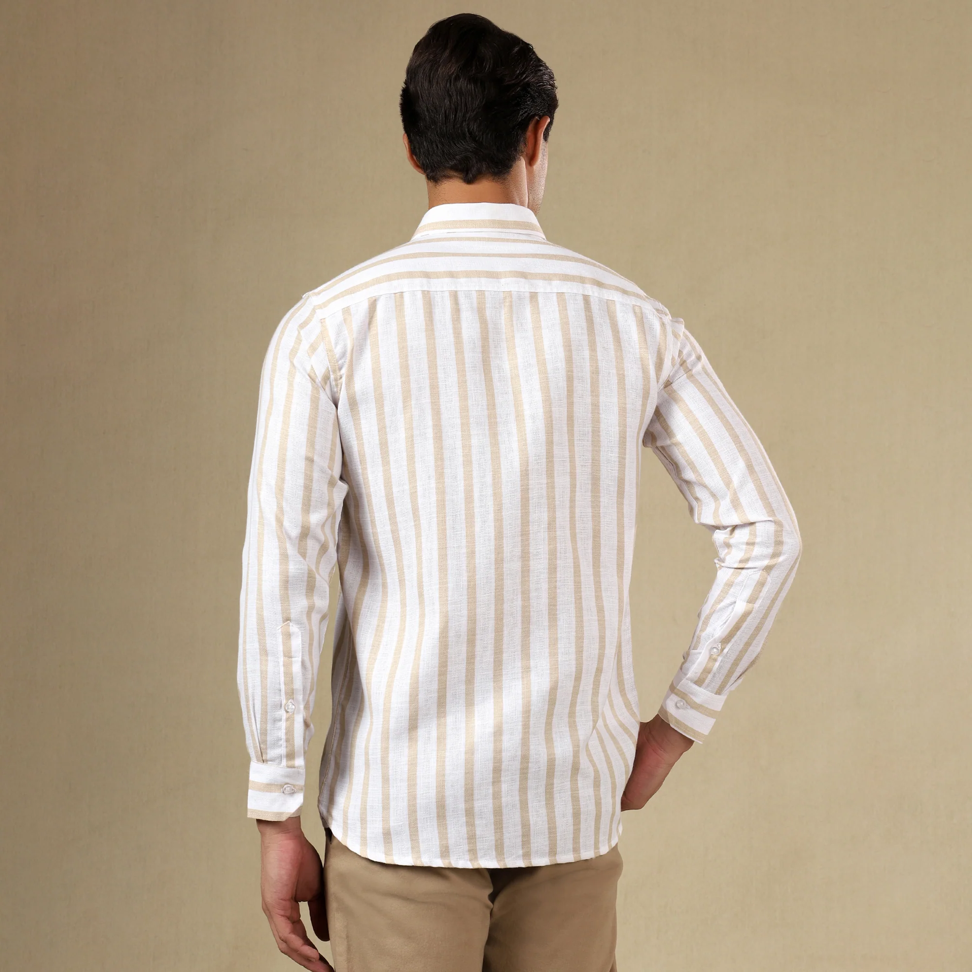 STRIPED LINEN SHIRT | SINGLE POCKET STRIPE SHIRT FOR MEN-Yellow - Image 3