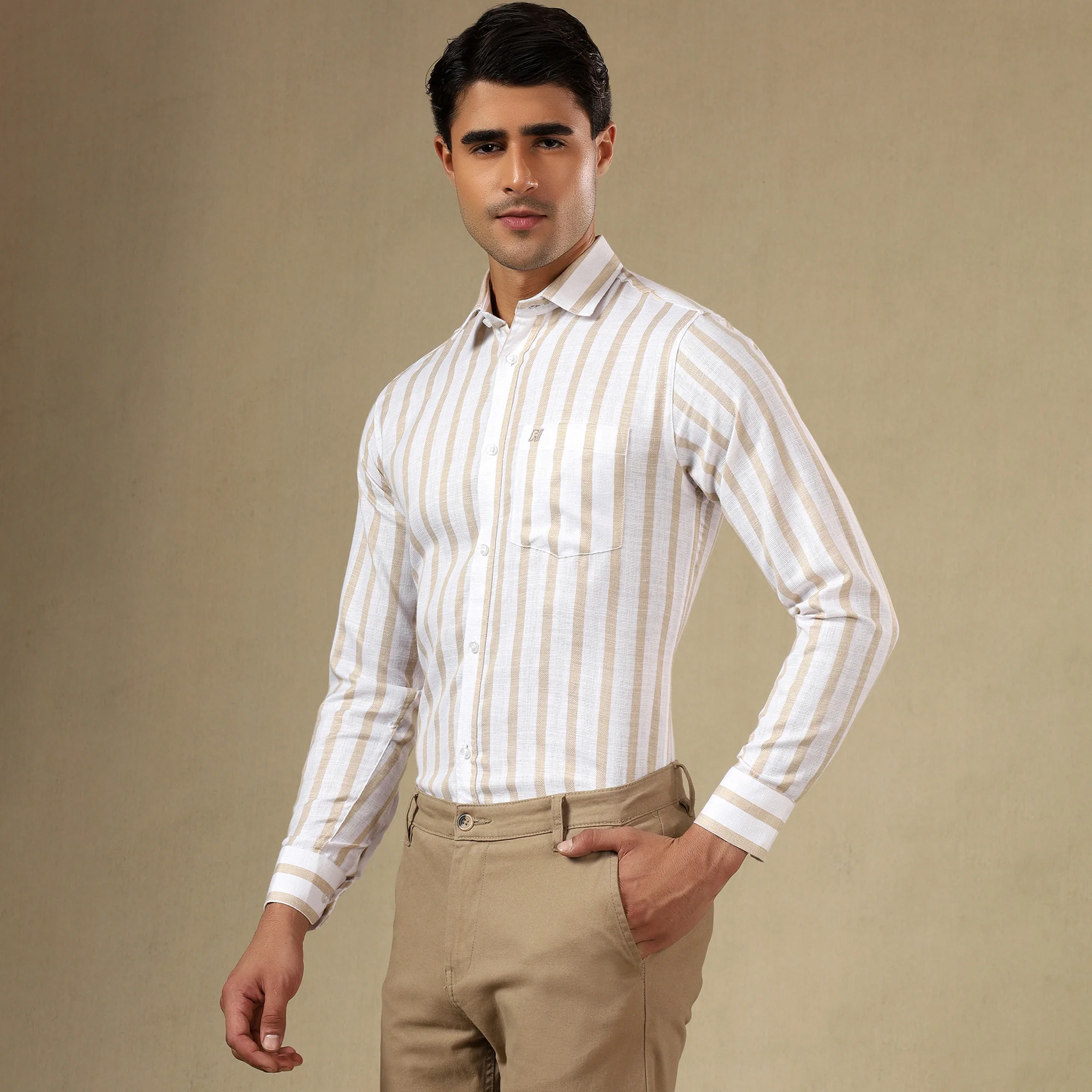 STRIPED LINEN SHIRT | SINGLE POCKET STRIPE SHIRT FOR MEN-Yellow - Image 6