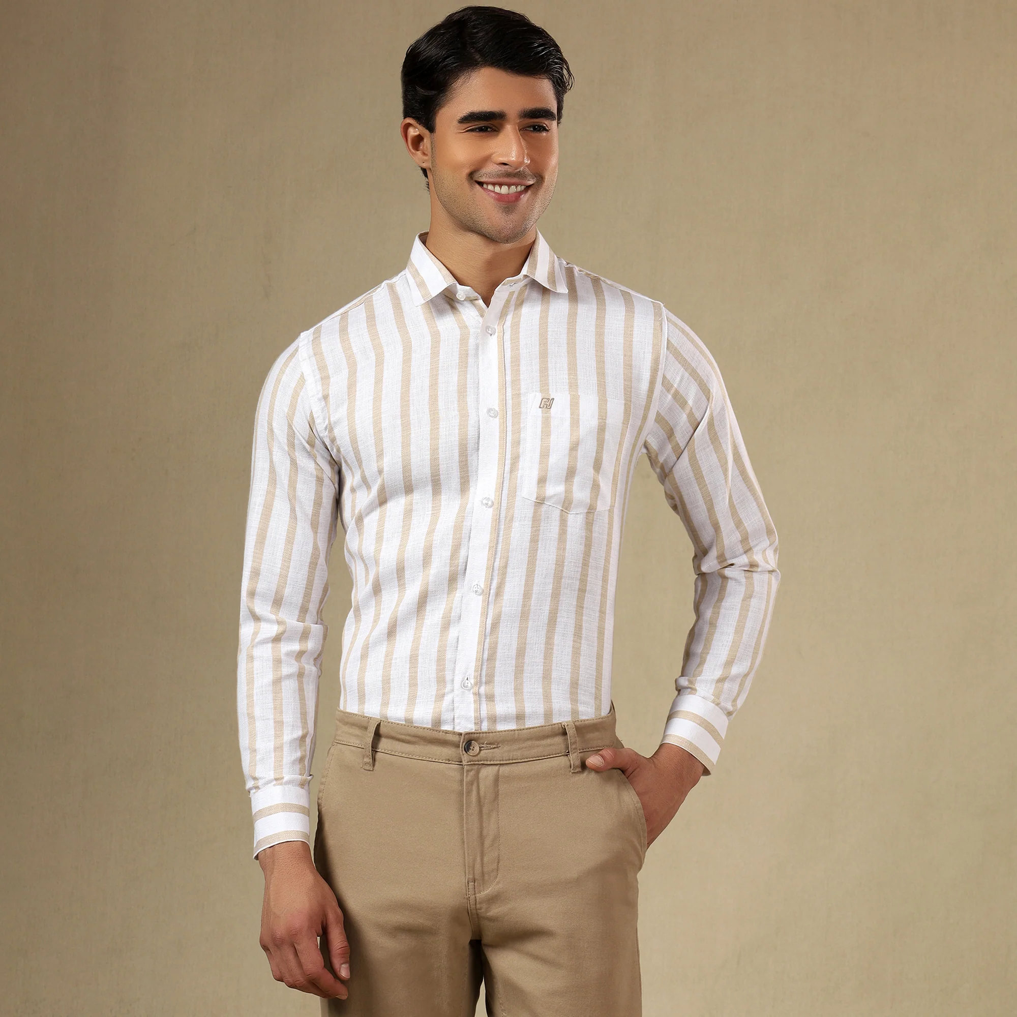 STRIPED LINEN SHIRT | SINGLE POCKET STRIPE SHIRT FOR MEN-Yellow - Image 7
