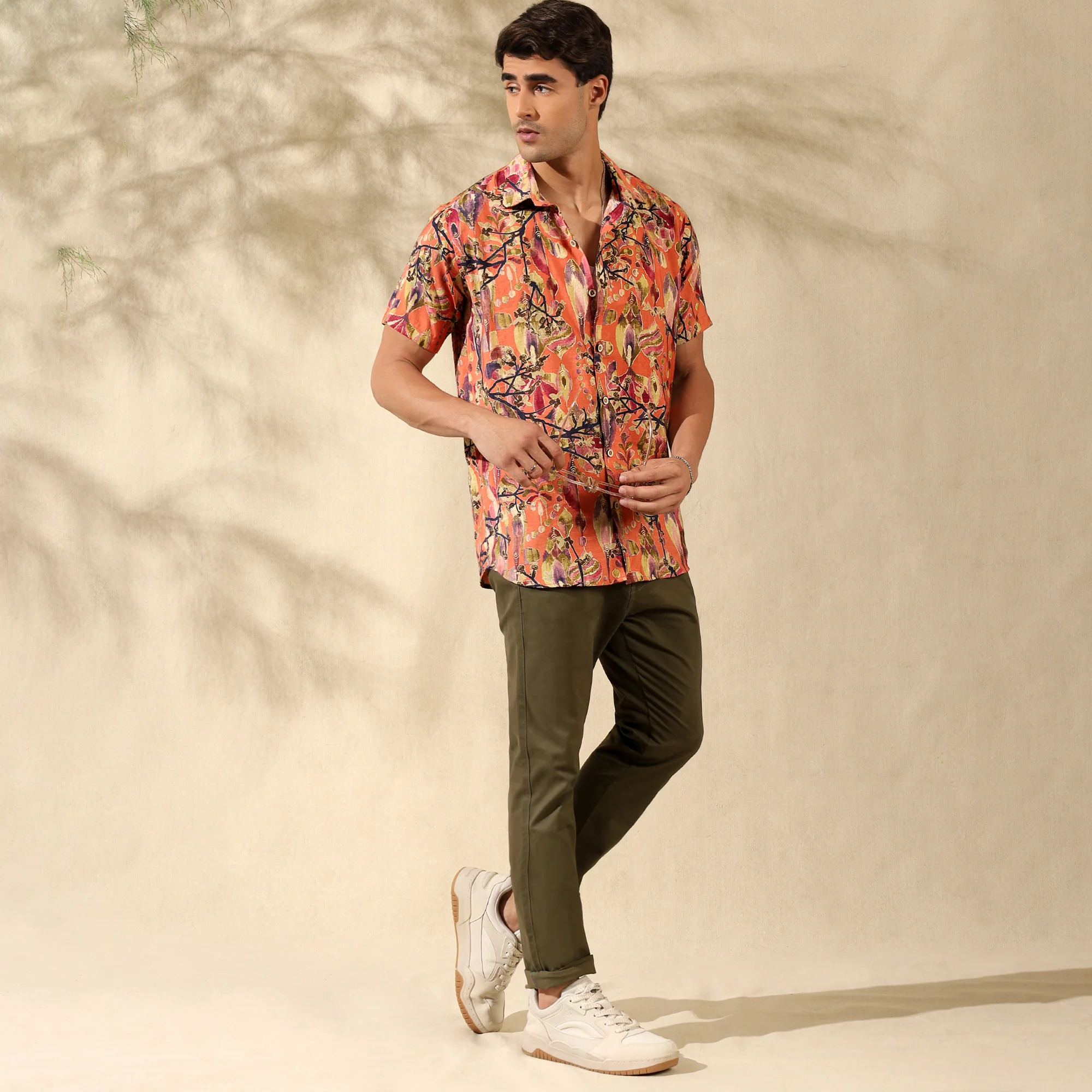 ORANGE HALF CASUAL PRINTED COTTON SHIRT REGULAR FIT FOR MEN - Image 4