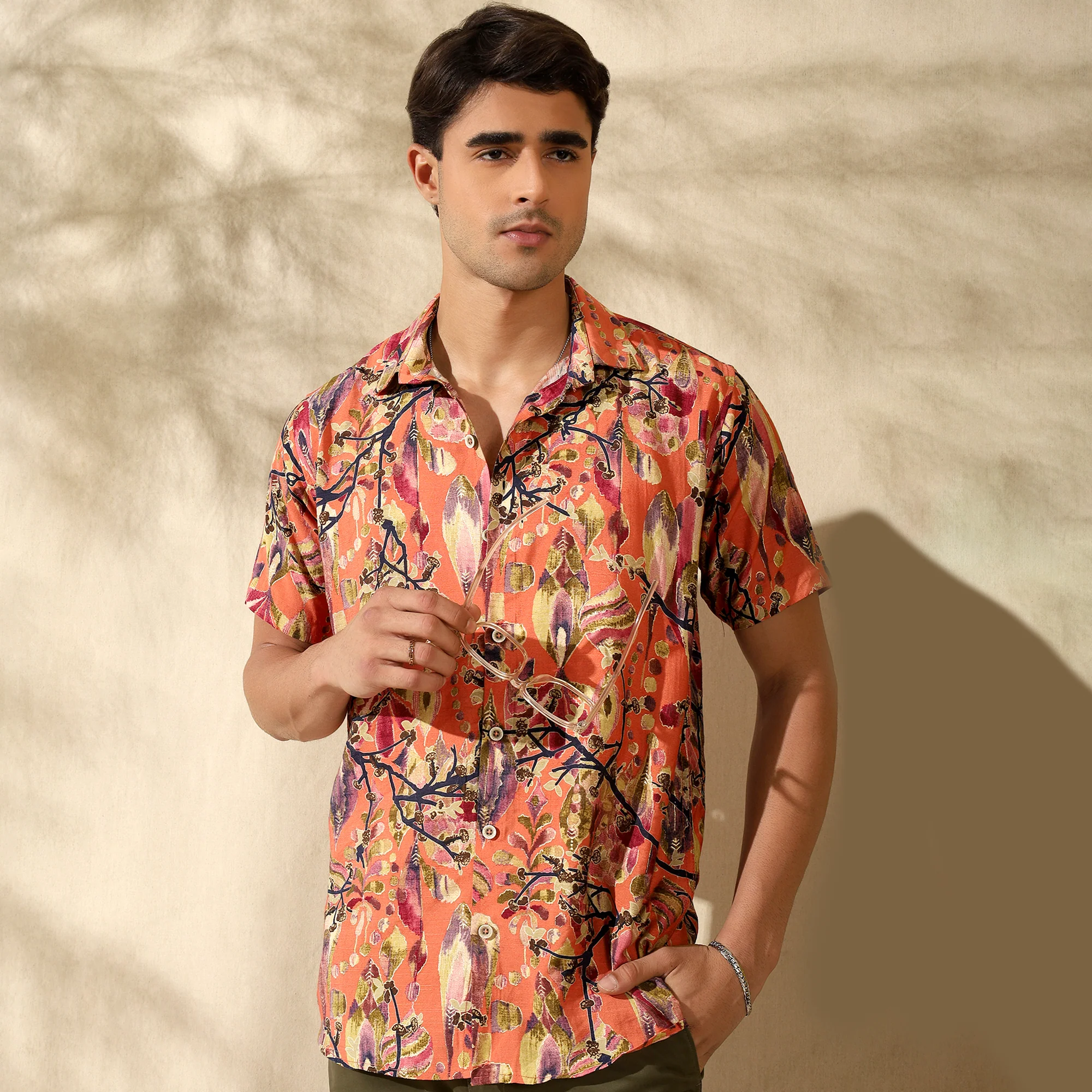 ORANGE HALF CASUAL PRINTED COTTON SHIRT REGULAR FIT FOR MEN - Image 5