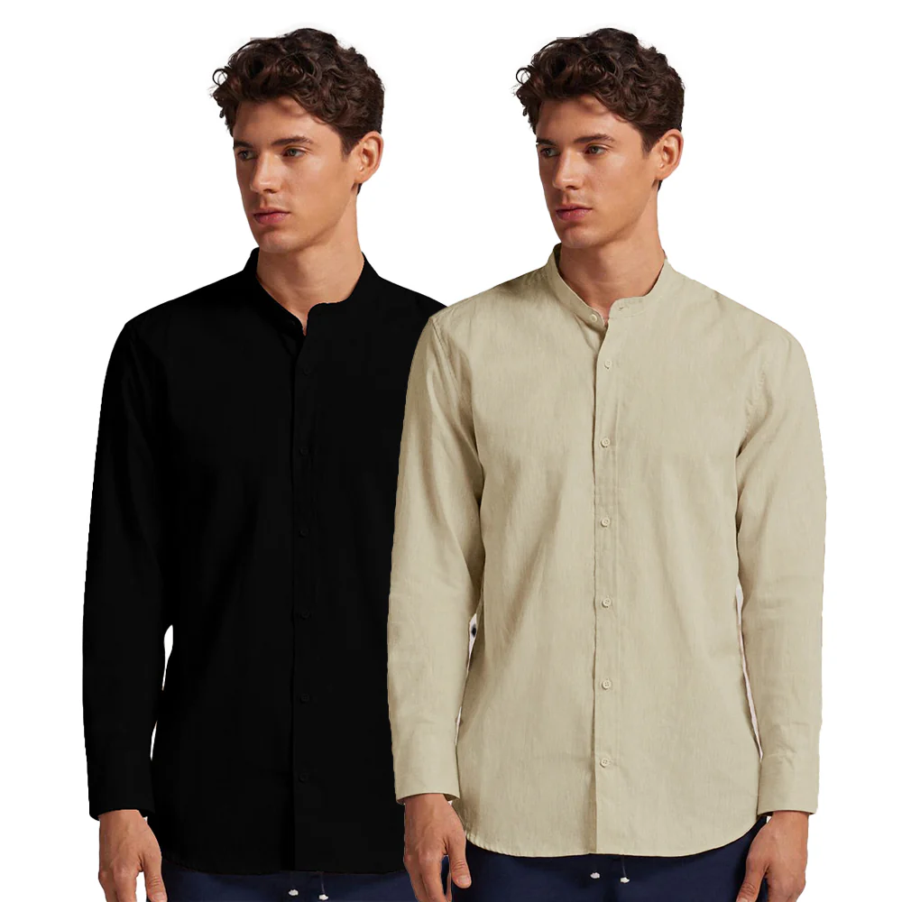 Pack of 2 | Men's Cotton-Linen Chinese Collar T-Neck Shirts |  Black & Beige Combo | Regular fit - Image 3