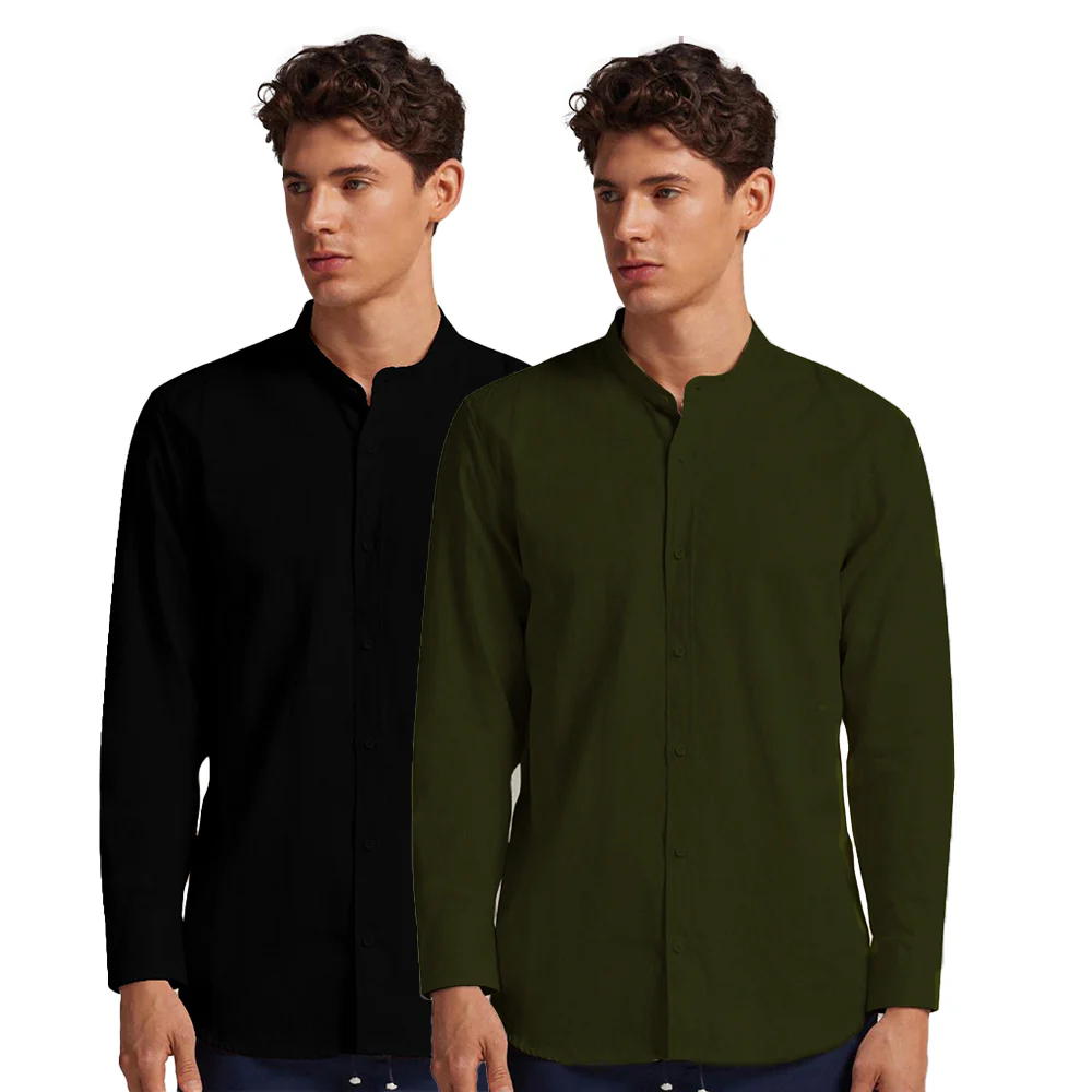 Pack of 2 | Men's Cotton-Linen Chinese Collar T-Neck Shirts |  Black & Dark Green Combo | Regular fit - Image 3
