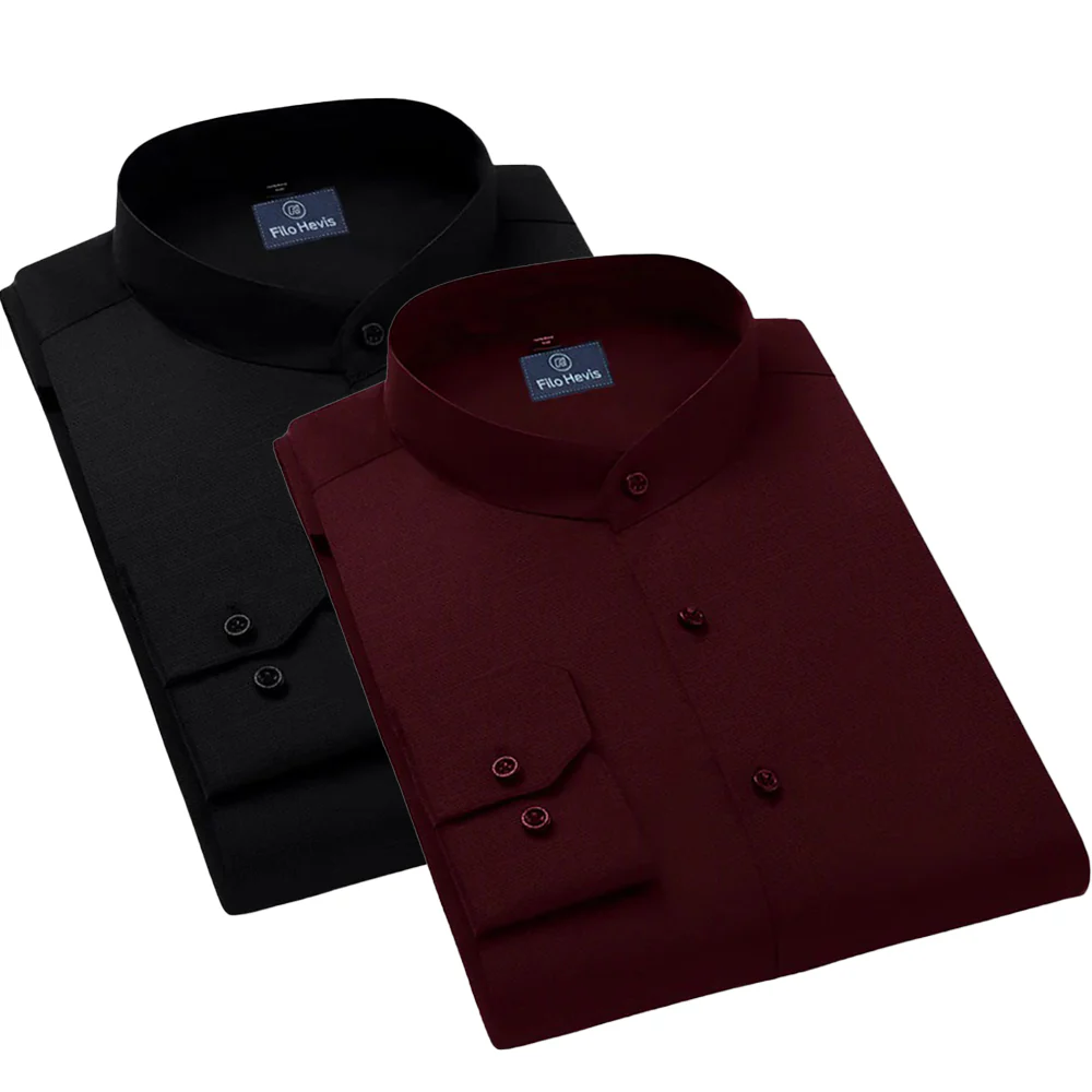 Pack of 2 | Men's Cotton-Linen Chinese Collar T-Neck Shirts | Black & Dark Maroon Combo | Regular fit