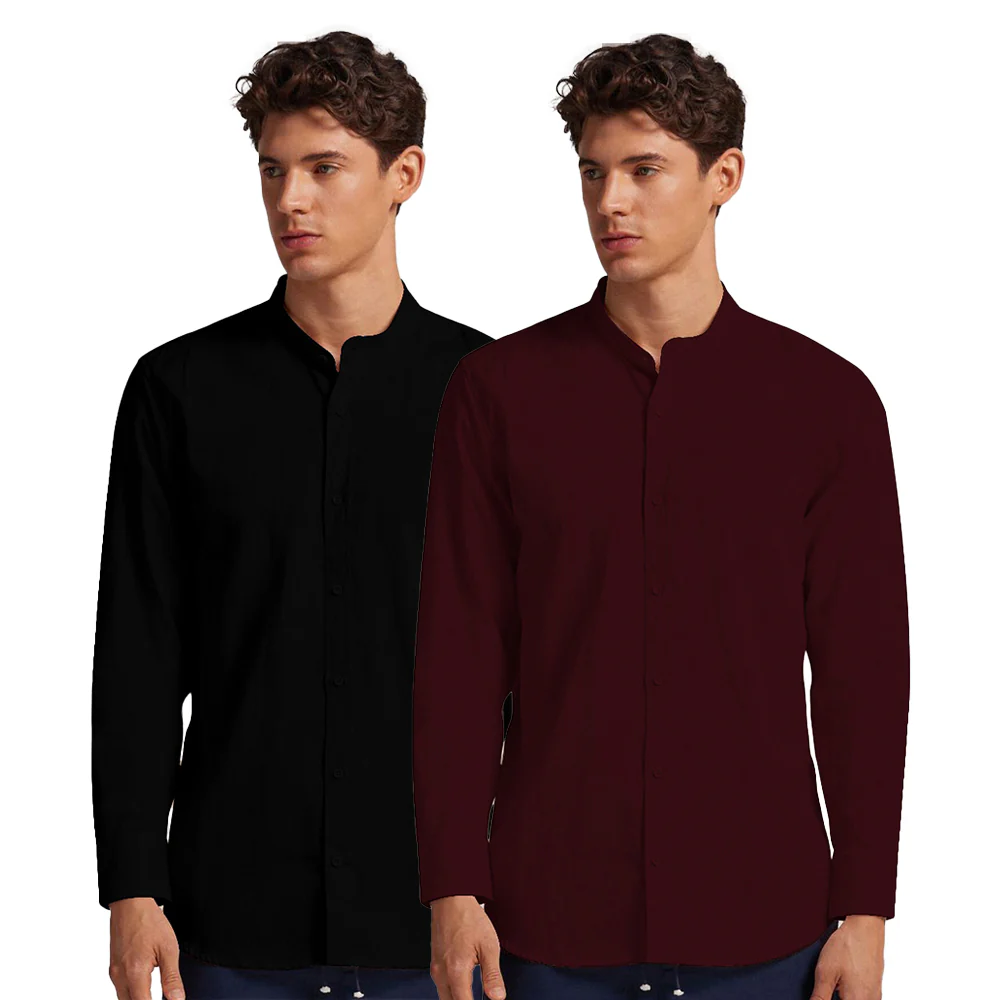 Pack of 2 | Men's Cotton-Linen Chinese Collar T-Neck Shirts | Black & Dark Maroon Combo | Regular fit - Image 3