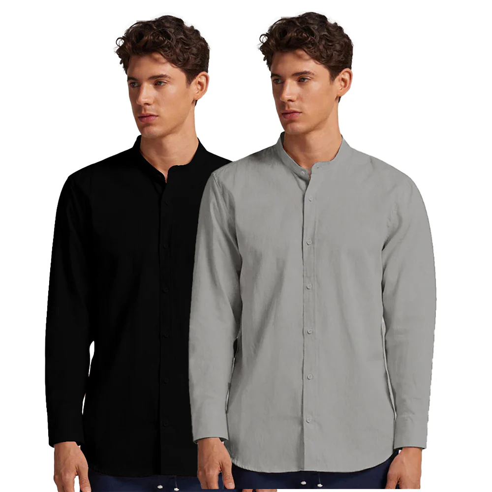 Pack of 2 | Men's Cotton-Linen Chinese Collar T-Neck Shirts | Black & Gray Combo | Regular fit - Image 3