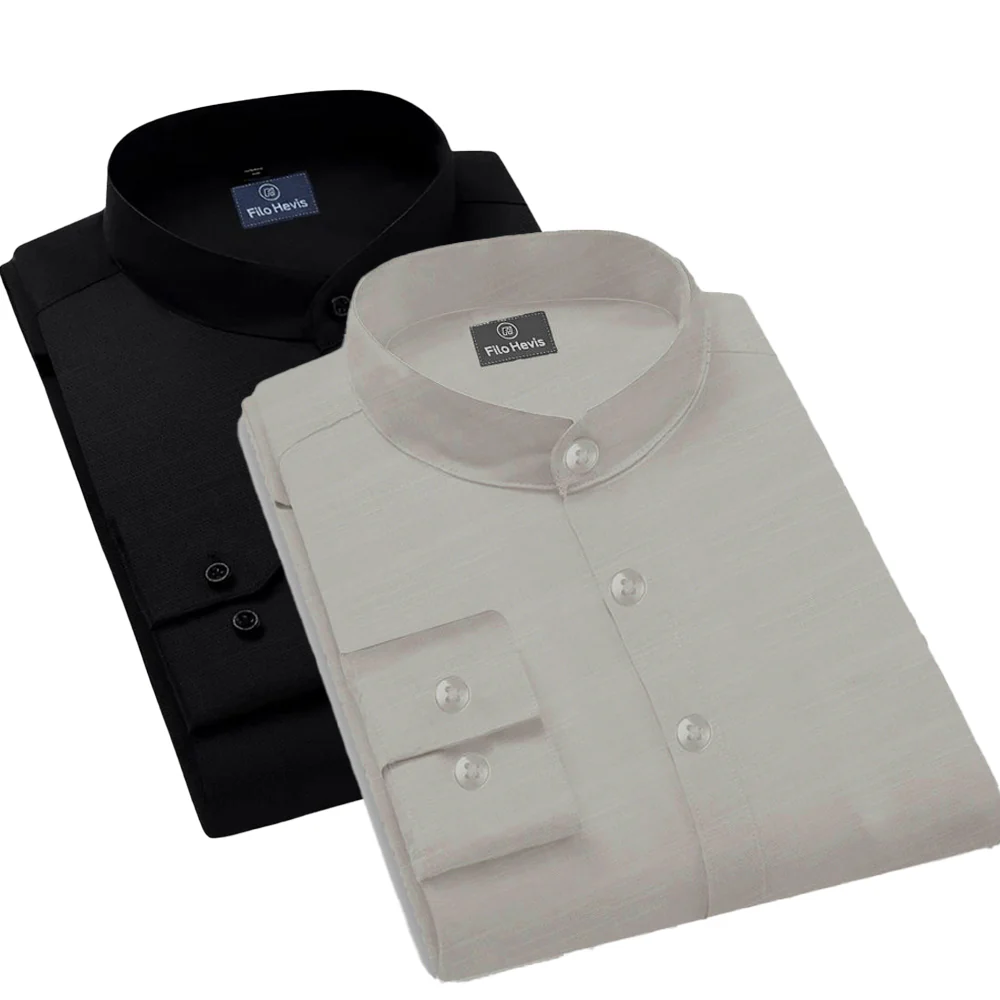 Pack of 2 | Men's Cotton-Linen Chinese Collar T-Neck Shirts | Black & Light Gray Combo | Regular fit