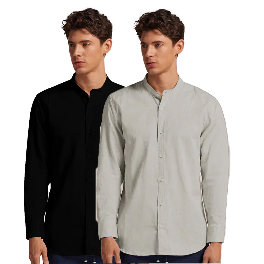 Pack of 2 | Men's Cotton-Linen Chinese Collar T-Neck Shirts | Black & Light Gray Combo | Regular fit - Image 3