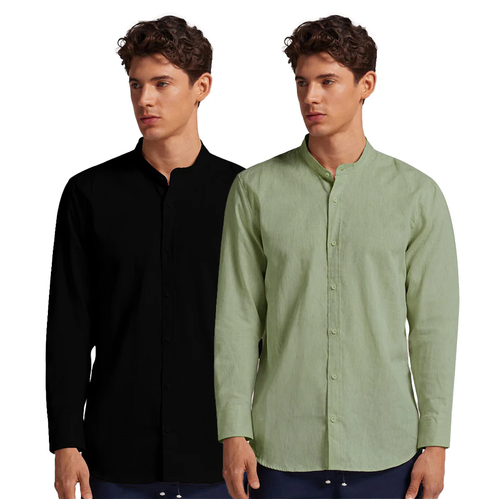 Pack of 2 | Men's Cotton-Linen Chinese Collar T-Neck Shirts | Black & Light Green Combo | Regular fit - Image 3