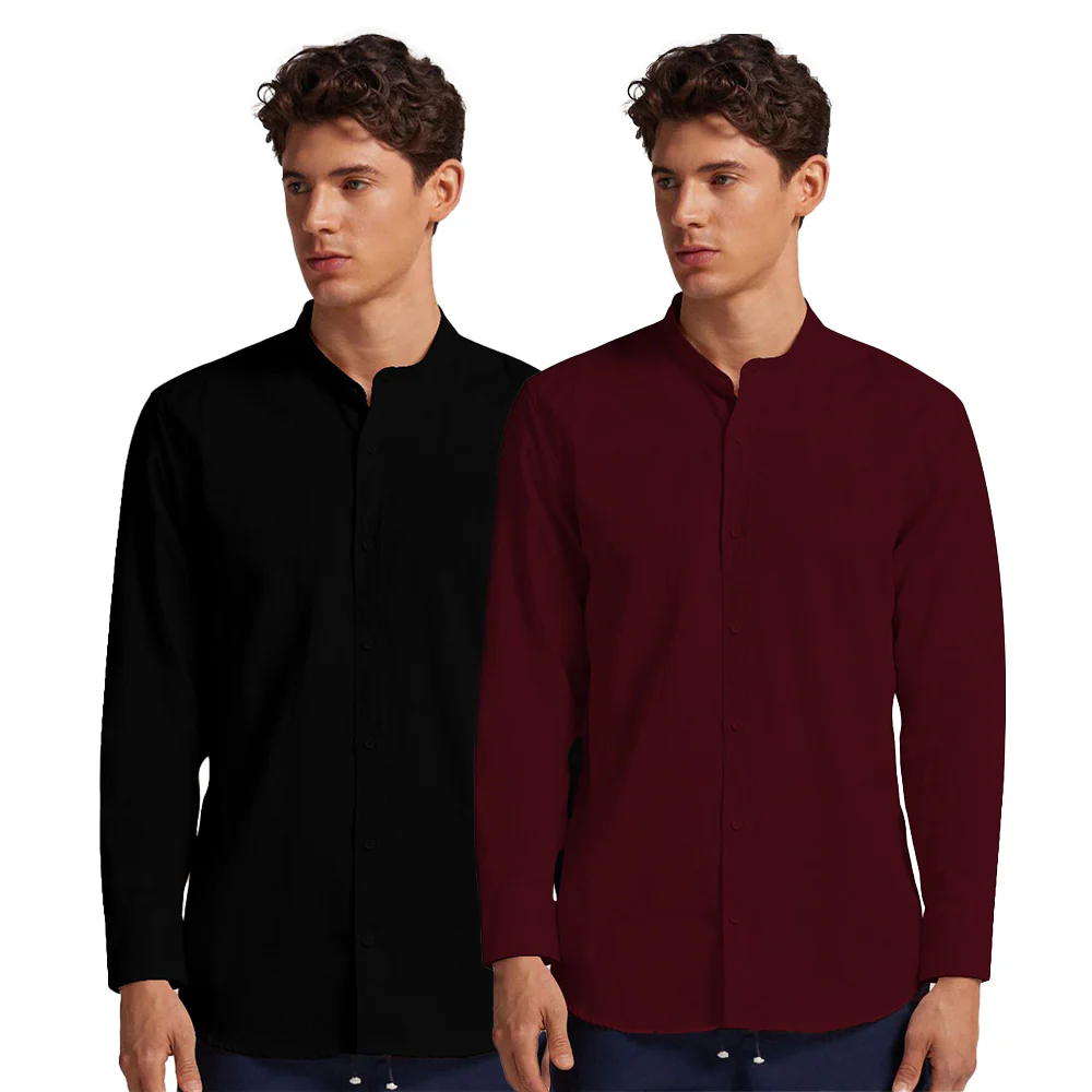 Pack of 2 | Men's Cotton-Linen Chinese Collar T-Neck Shirts | Black & Maroon Combo | Regular fit - Image 3