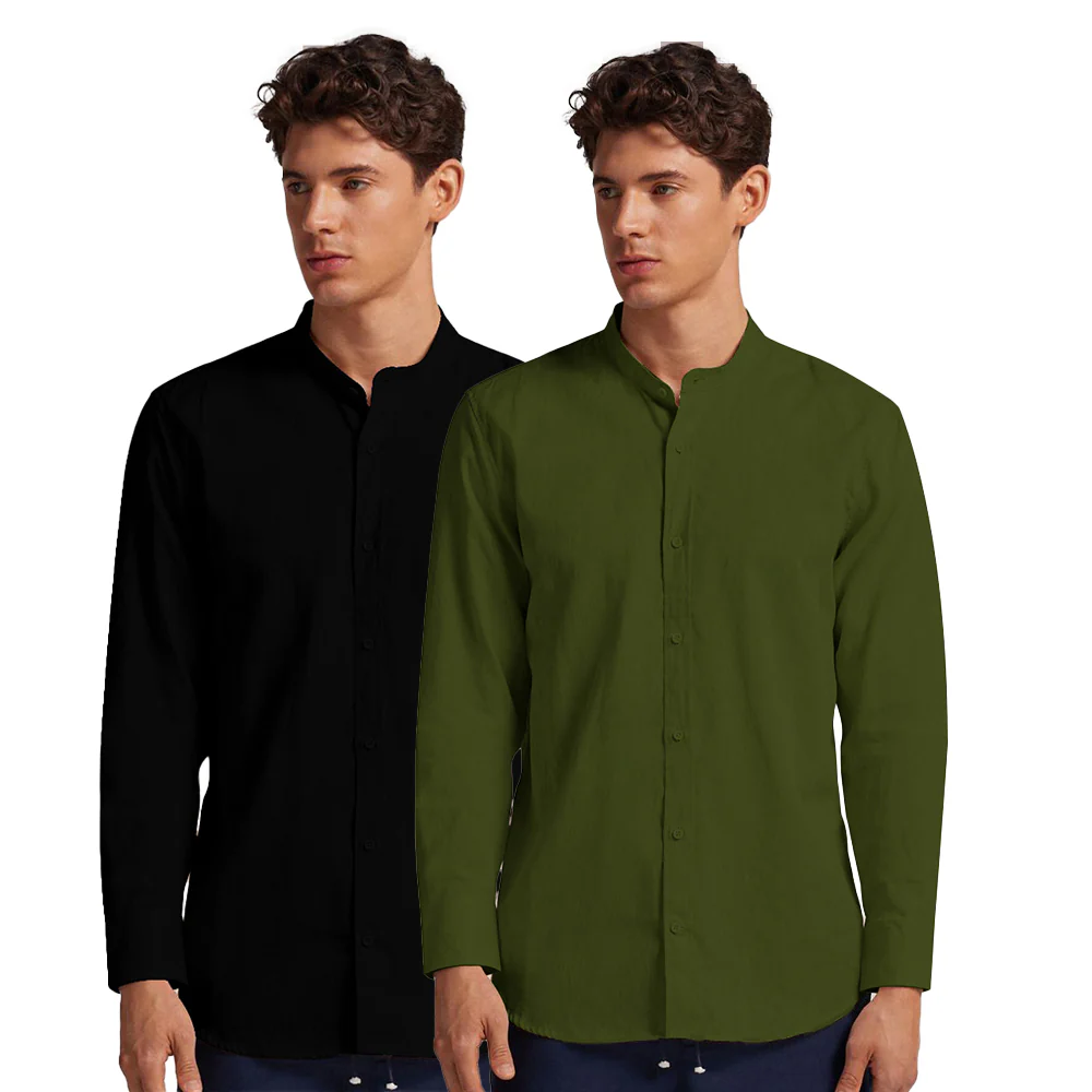 Pack of 2 | Men's Cotton-Linen Chinese Collar T-Neck Shirts | Black & Mehandi Green Combo | Regular fit - Image 3