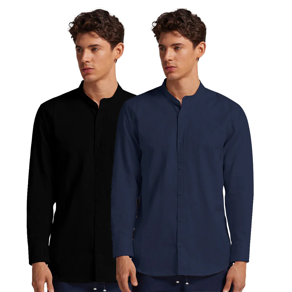 Pack of 2 | Men's Cotton-Linen Chinese Collar T-Neck Shirts | Black & Navy Blue Combo | Regular fit - Image 3