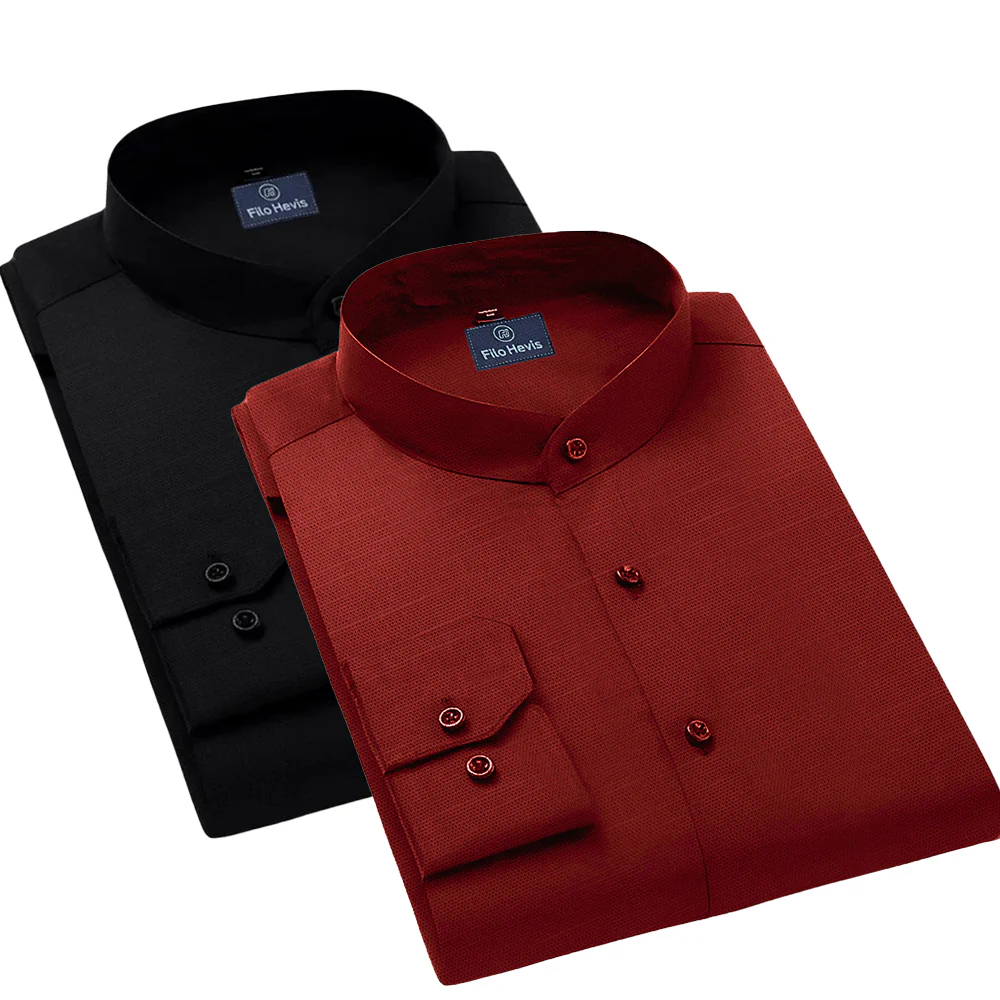 Pack of 2 | Men's Cotton-Linen Chinese Collar T-Neck Shirts | Black & Red Combo | Regular fit