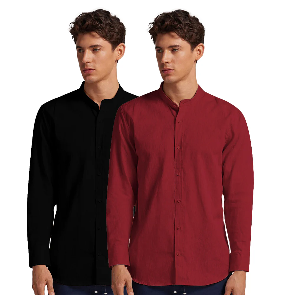 Pack of 2 | Men's Cotton-Linen Chinese Collar T-Neck Shirts | Black & Red Combo | Regular fit - Image 3
