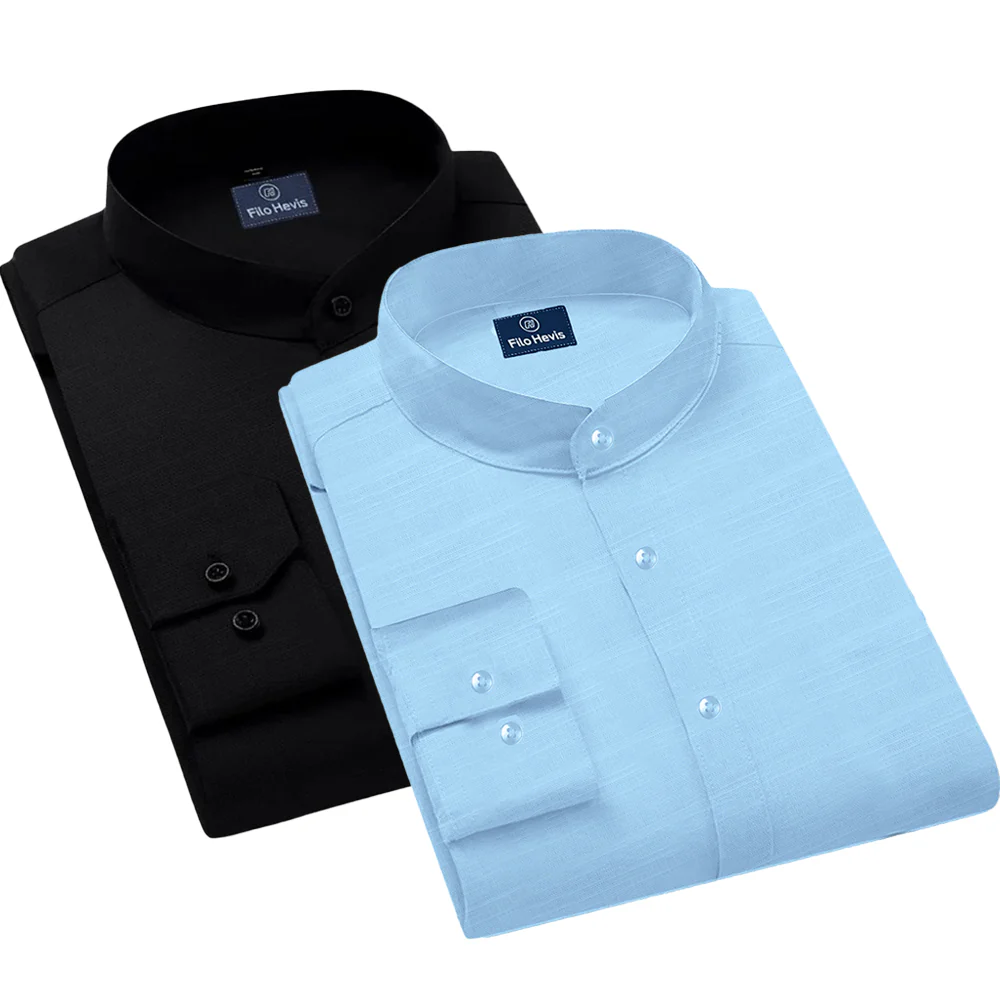 Pack of 2 | Men's Cotton-Linen Chinese Collar T-Neck Shirts | Black & Sky Combo | Regular fit