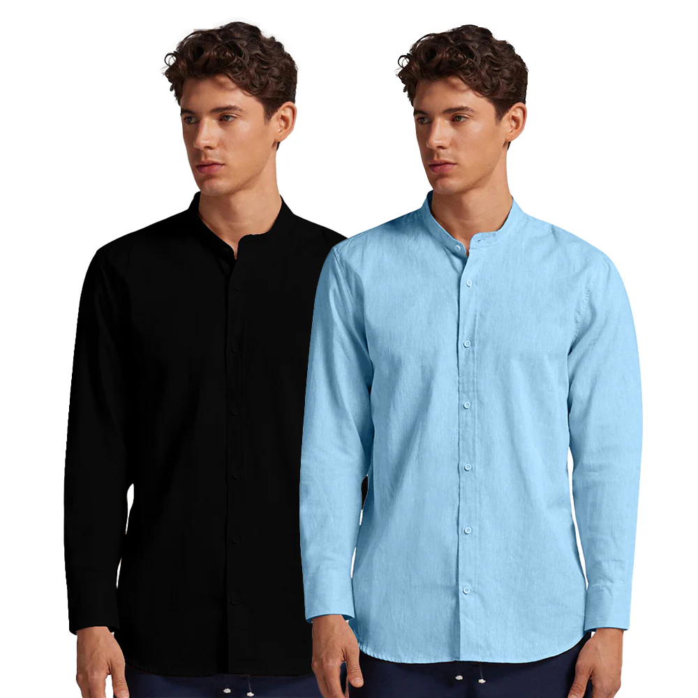 Pack of 2 | Men's Cotton-Linen Chinese Collar T-Neck Shirts | Black & Sky Combo | Regular fit - Image 3