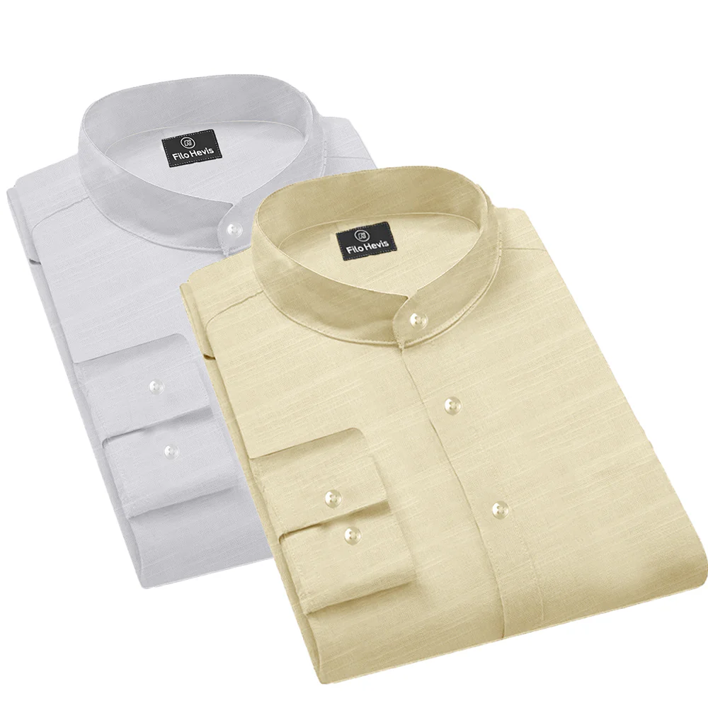 Pack of 2 | Men's Cotton-Linen Chinese Collar T-Neck Shirts | White & Beige Combo | Regular fit