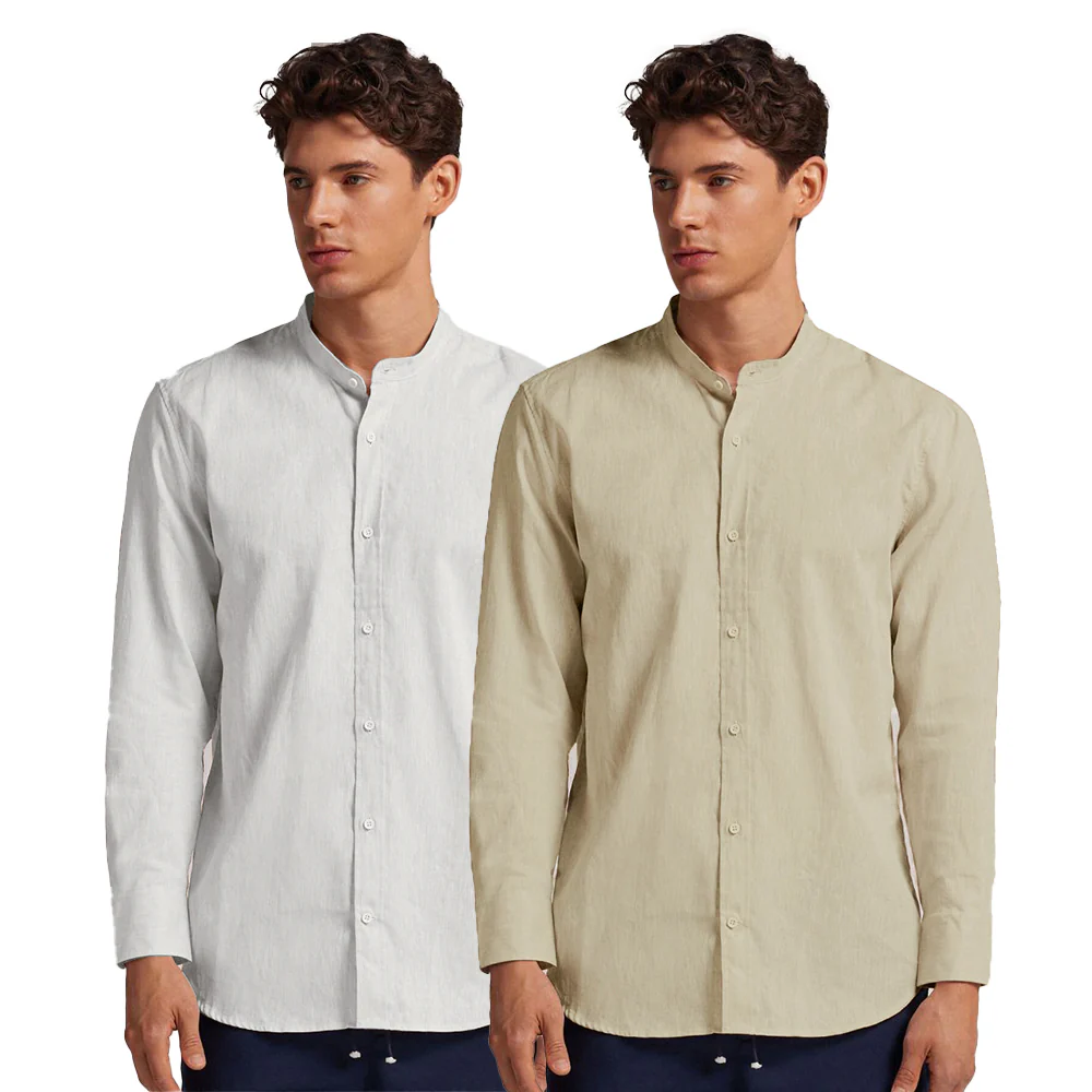 Pack of 2 | Men's Cotton-Linen Chinese Collar T-Neck Shirts | White & Beige Combo | Regular fit - Image 3
