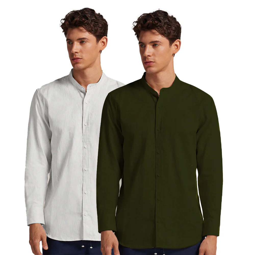 Pack of 2 | Men's Cotton-Linen Chinese Collar T-Neck Shirts |  White & Dark Green Combo | Regular fit - Image 3