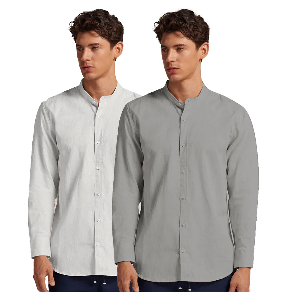Pack of 2 | Men's Cotton-Linen Chinese Collar T-Neck Shirts | White & Gray Combo | Regular fit - Image 3