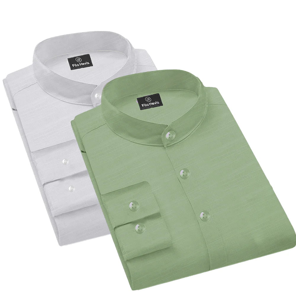 Pack of 2 | Men's Cotton-Linen Chinese Collar T-Neck Shirts | White & Light Green Combo | Regular fit