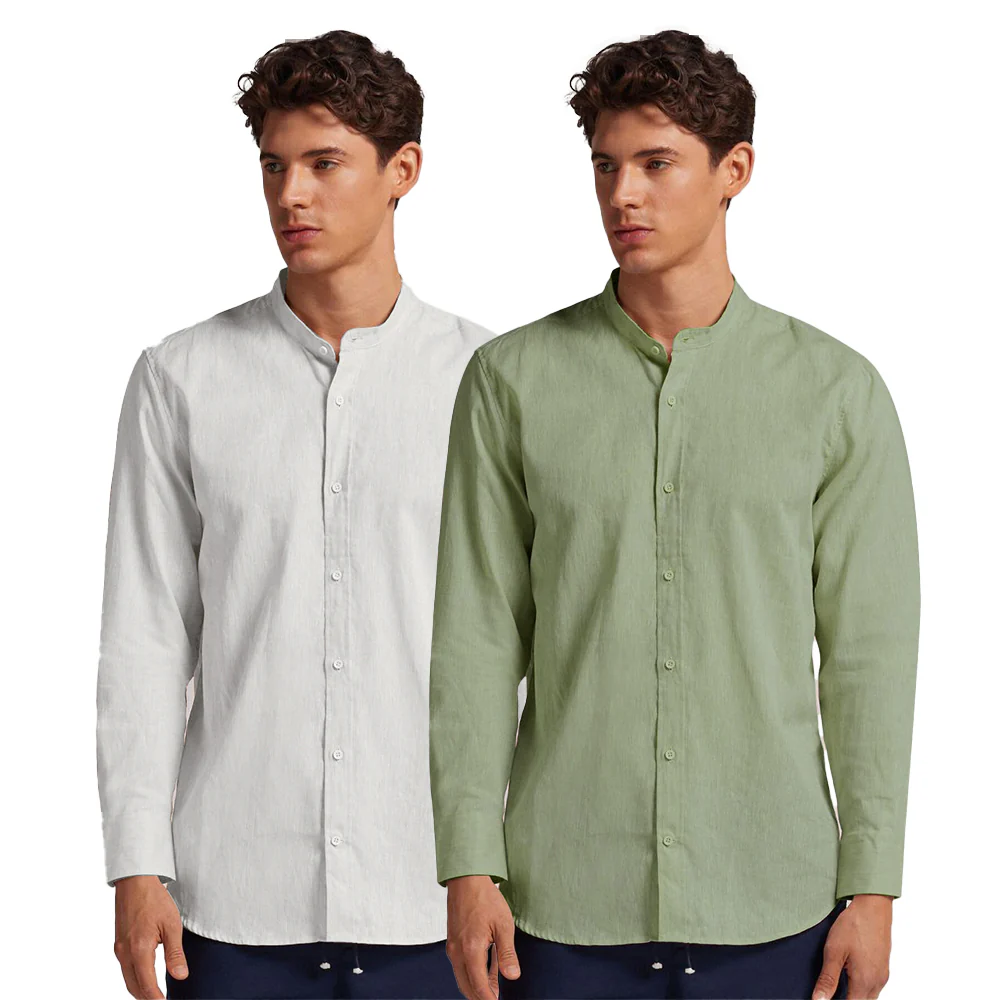 Pack of 2 | Men's Cotton-Linen Chinese Collar T-Neck Shirts | White & Light Green Combo | Regular fit - Image 3