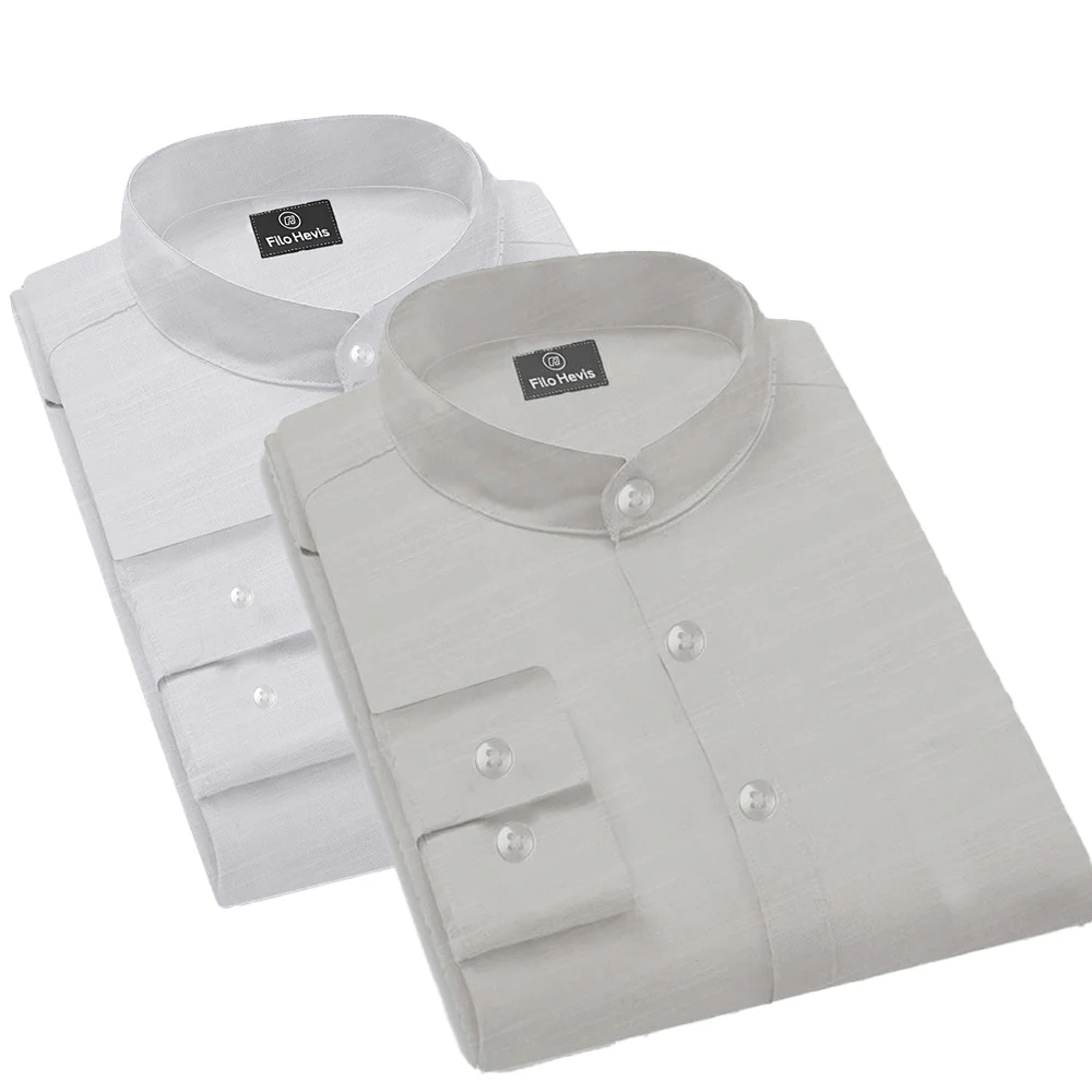 Pack of 2 | Men's Cotton-Linen Chinese Collar T-Neck Shirts | White & Light Gray Combo | Regular fit