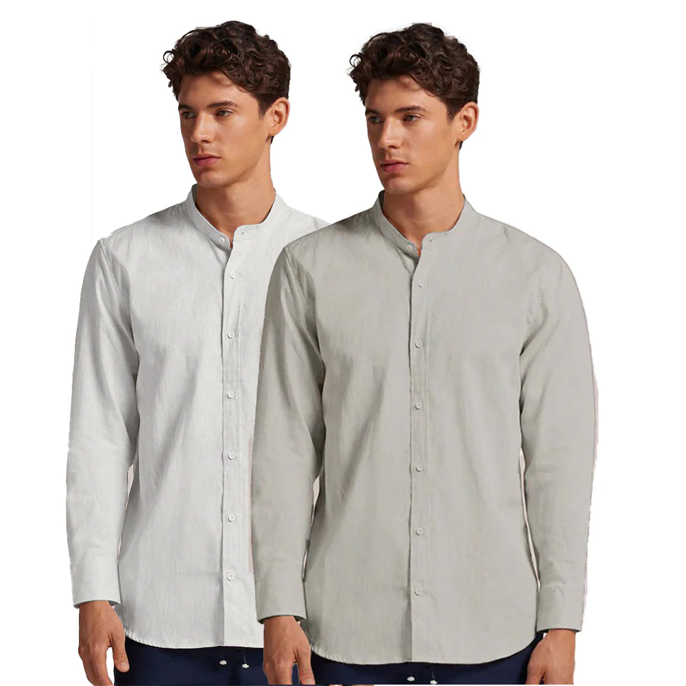 Pack of 2 | Men's Cotton-Linen Chinese Collar T-Neck Shirts | White & Light Gray Combo | Regular fit - Image 3