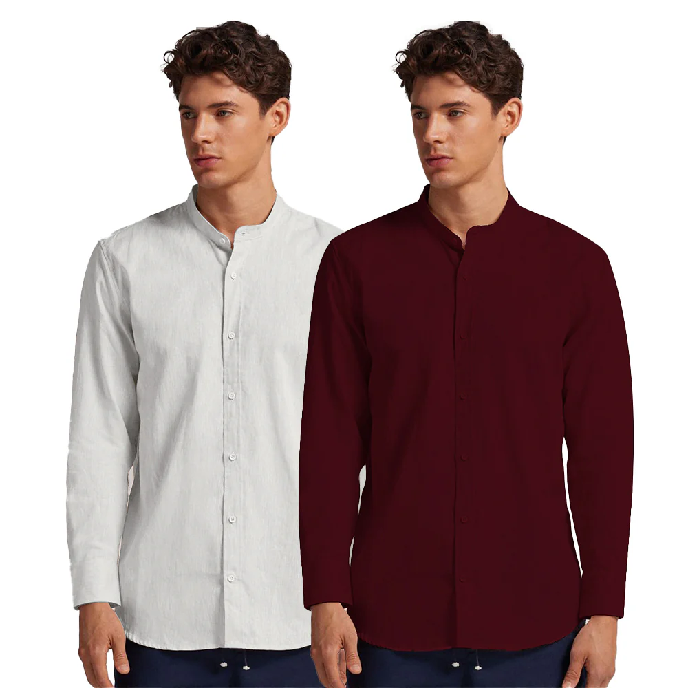 Pack of 2 | Men's Cotton-Linen Chinese Collar T-Neck Shirts | White & Maroon Combo | Regular fit - Image 3
