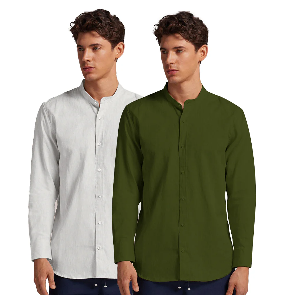 Pack of 2 | Men's Cotton-Linen Chinese Collar T-Neck Shirts | White & Mehandi Green Combo | Regular fit - Image 3